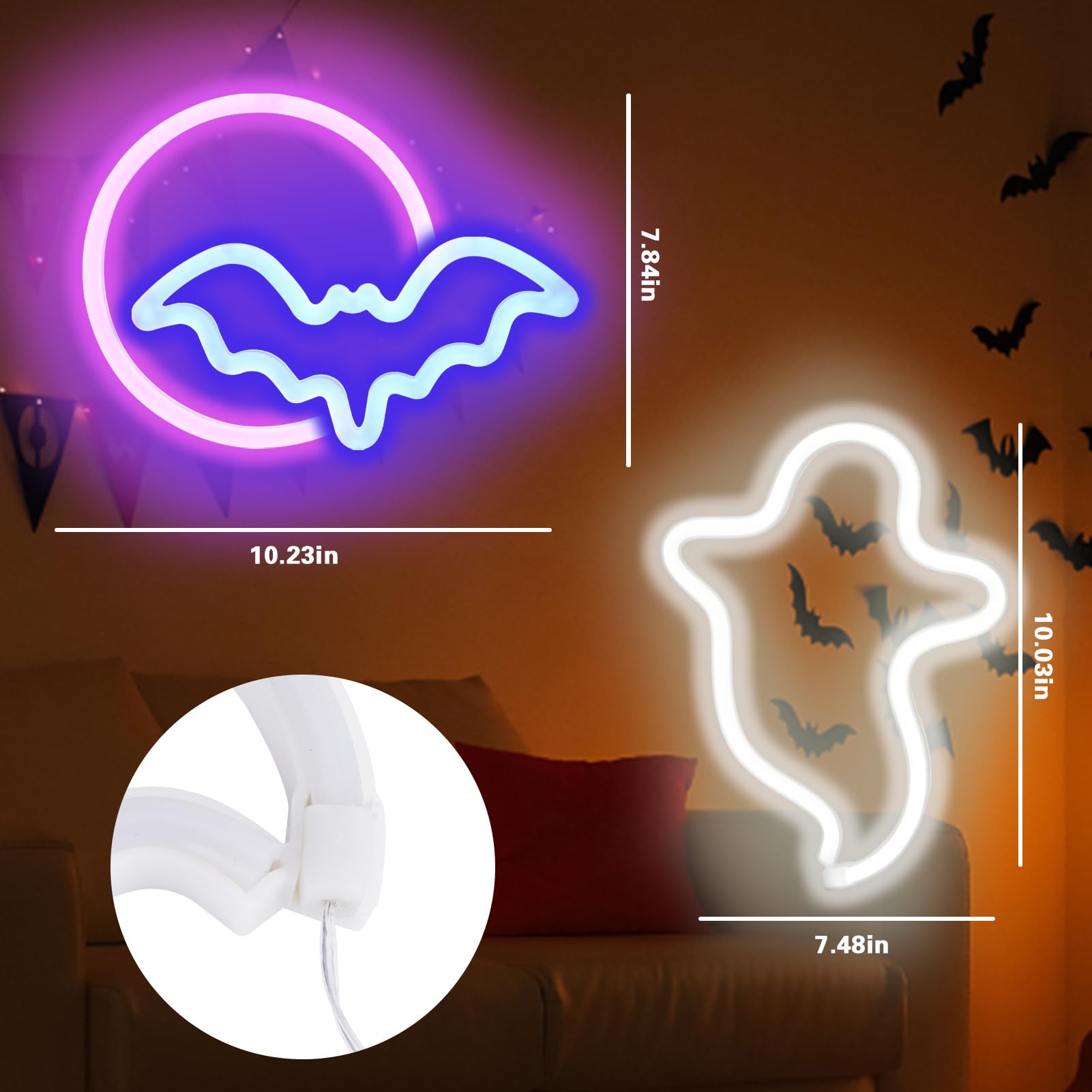 BRIGHTDECK 2 Pack Halloween Neon Signs - White Ghost & Blue Bat Full Moon LED Decor | USB/Battery Powered Wall Art for Halloween Party, Bedroom, Living Room, Bar | Spooky Home Decor & Kids Gift for Trick-or-Treating