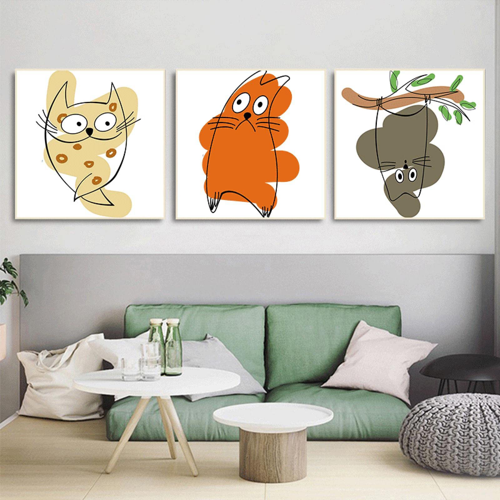 Abstract Stylish Cute Cat Canvas Painting Set of 3 - Framed Wall Art Posters & Prints for Kids Room, Living Room Decor - Perfect for Nursery, Bedroom & Home Office Decorations