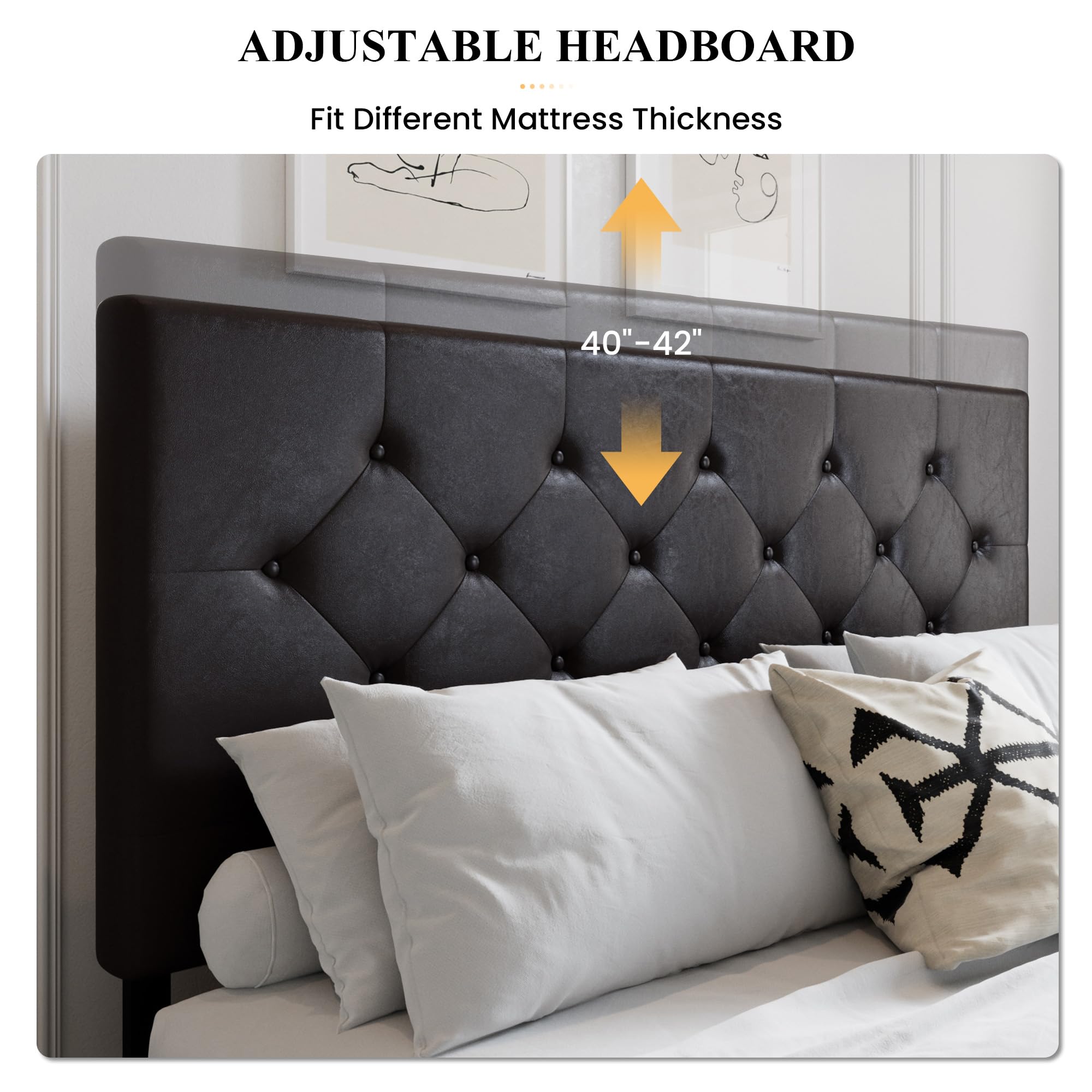 SHA CERLIN Upholstered King Size Platform Bed Frame with 4 Storage Drawers - Adjustable Diamond Stitched Headboard, Wooden Slat Support, No Box Spring Needed (Black Brown) - Perfect for Master Bedroom, Guest Room & Small Space Storage Solutions