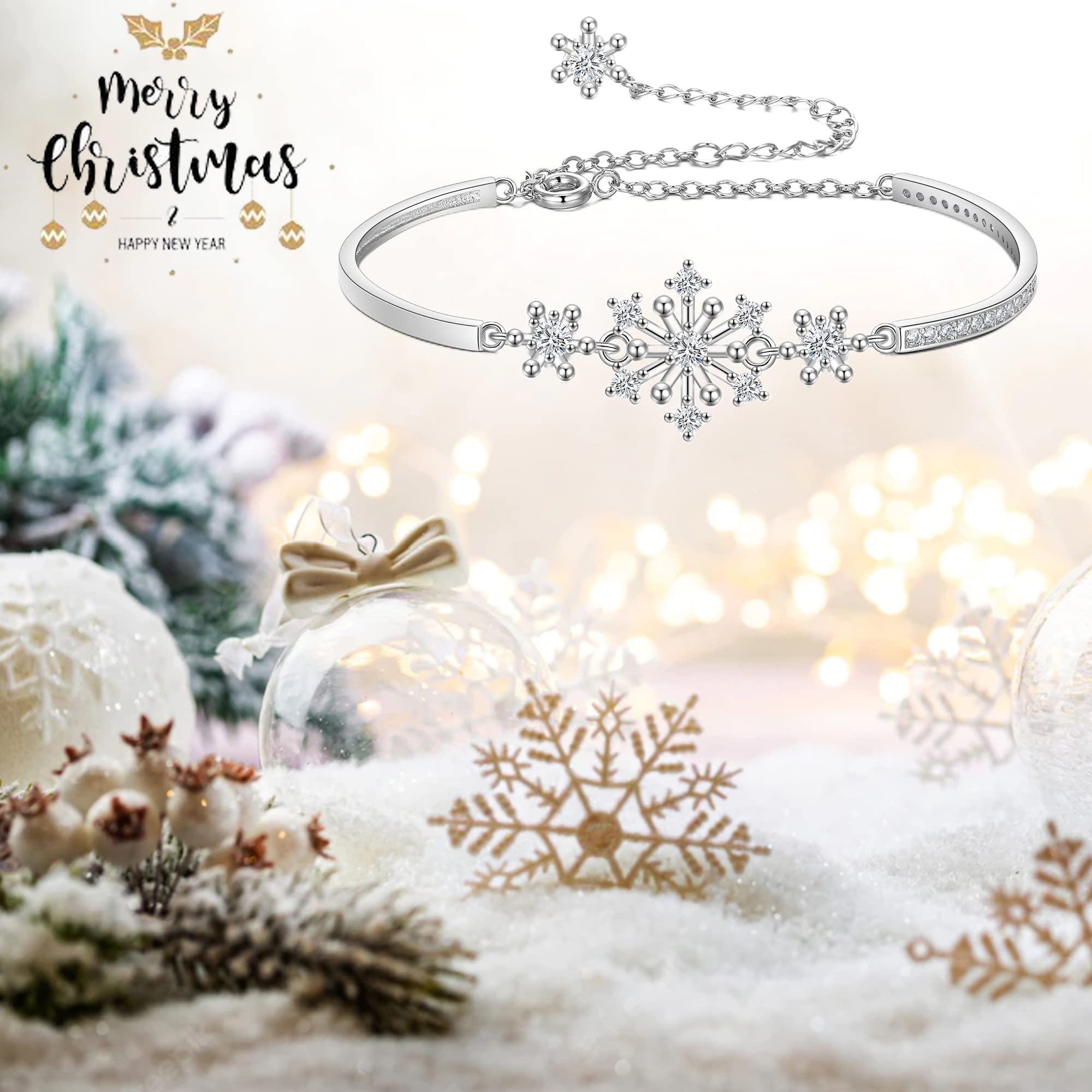 Flyonce Snowflake Bracelets for Women - Sparkling Cubic Zirconia Snowflake Flower Bangle Link Bracelet, Christmas Jewelry Gift for Her, Perfect for Holiday Parties, Winter Weddings & Festive Occasions