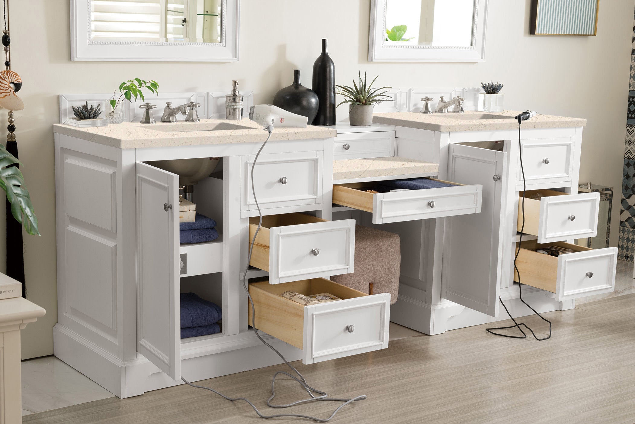 De Soto 94 Double Vanity Set with Makeup Table - Bright White Finish & 3CM Eternal Marfil Quartz Top | Perfect for Master Bathroom, Guest Bathroom & Dressing Room Organization