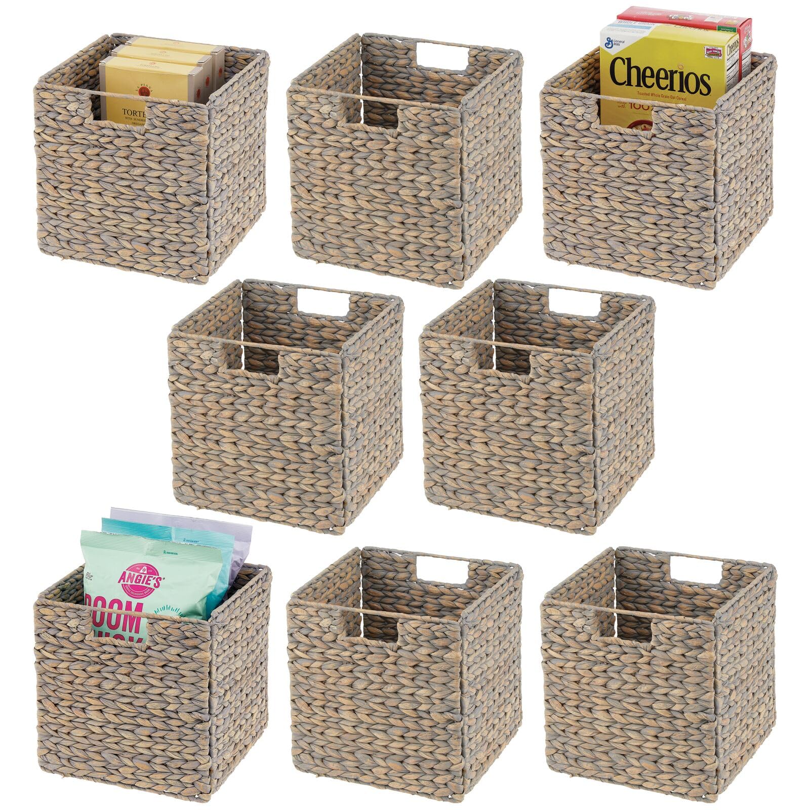 mDesign Natural Woven Hyacinth Storage Basket with Handles - 8 Pack Gray Wash Cube Organizer for Kitchen, Pantry & Cubby Units | Perfect for Snacks, Small Appliances & Home Organization