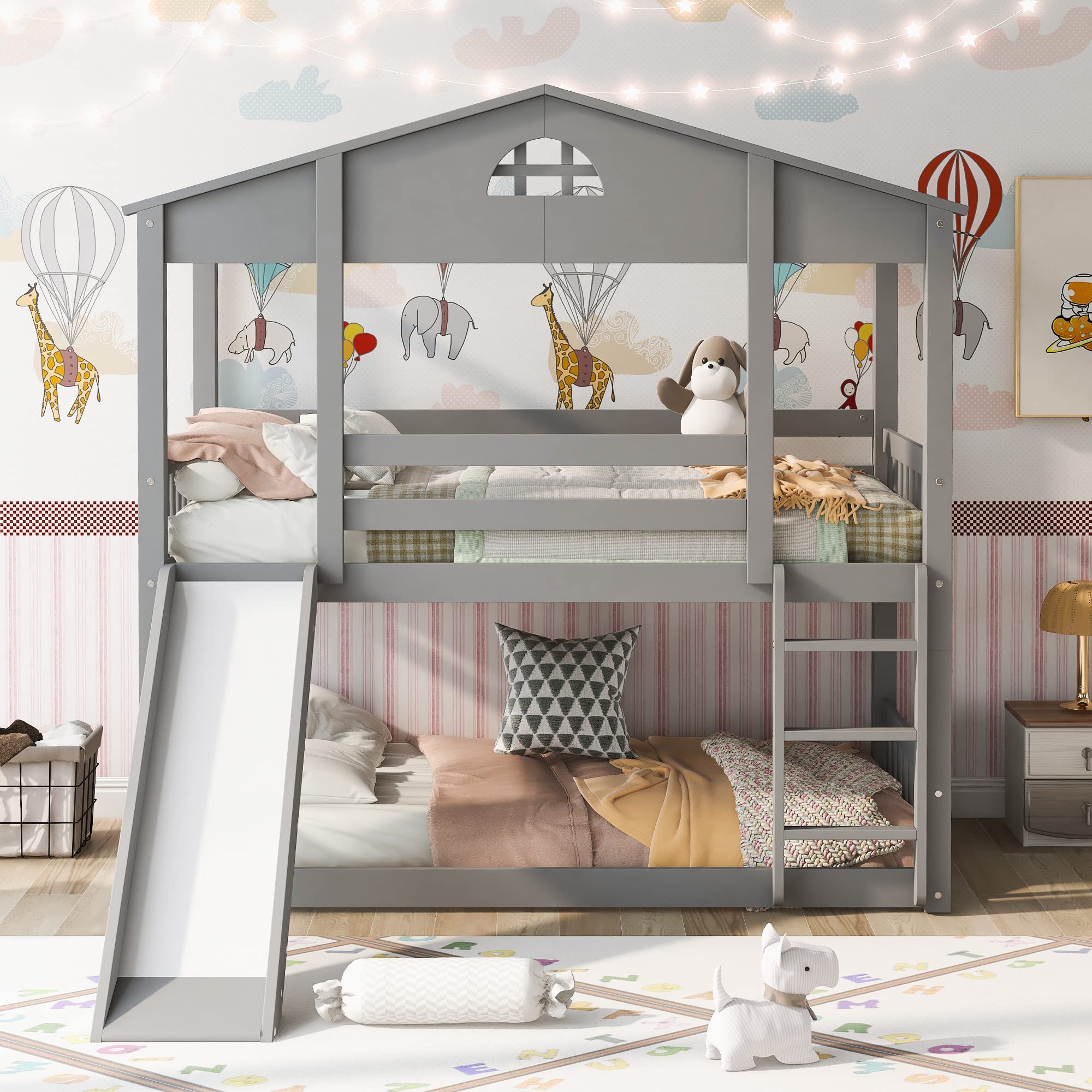 Convertible Twin Over Twin Bunk Bed with Slide & Ladder - Gray & Pine Wood - Transforms into 2 Separate Platform Beds - Perfect for Kids' Bedrooms, Guest Rooms & Small Spaces