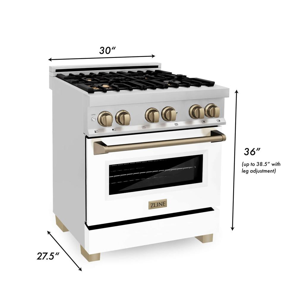 ZLINE Autograph Edition 30-inch Stainless Steel Dual Fuel Range with White Matte Door & Range Hood - Champagne Bronze Accents (2AKP RAWMRH30 CB) | Professional Kitchen Appliance for Home Chefs & Cooking Enthusiasts