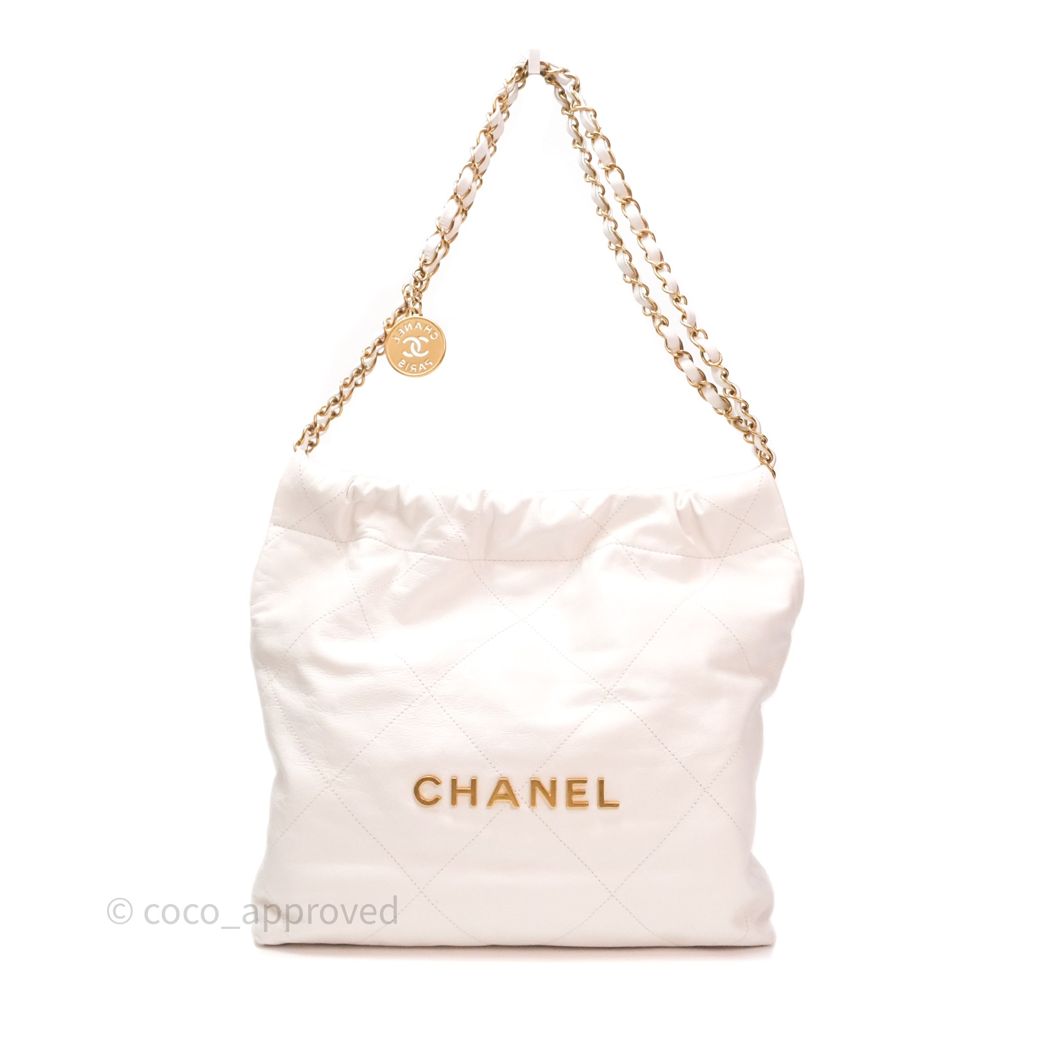 Chanel 22 Small White Shiny Calfskin Bag with Aged Gold Hardware - Luxury Crossbody Purse for Women, Perfect for Date Night & Special Occasions
