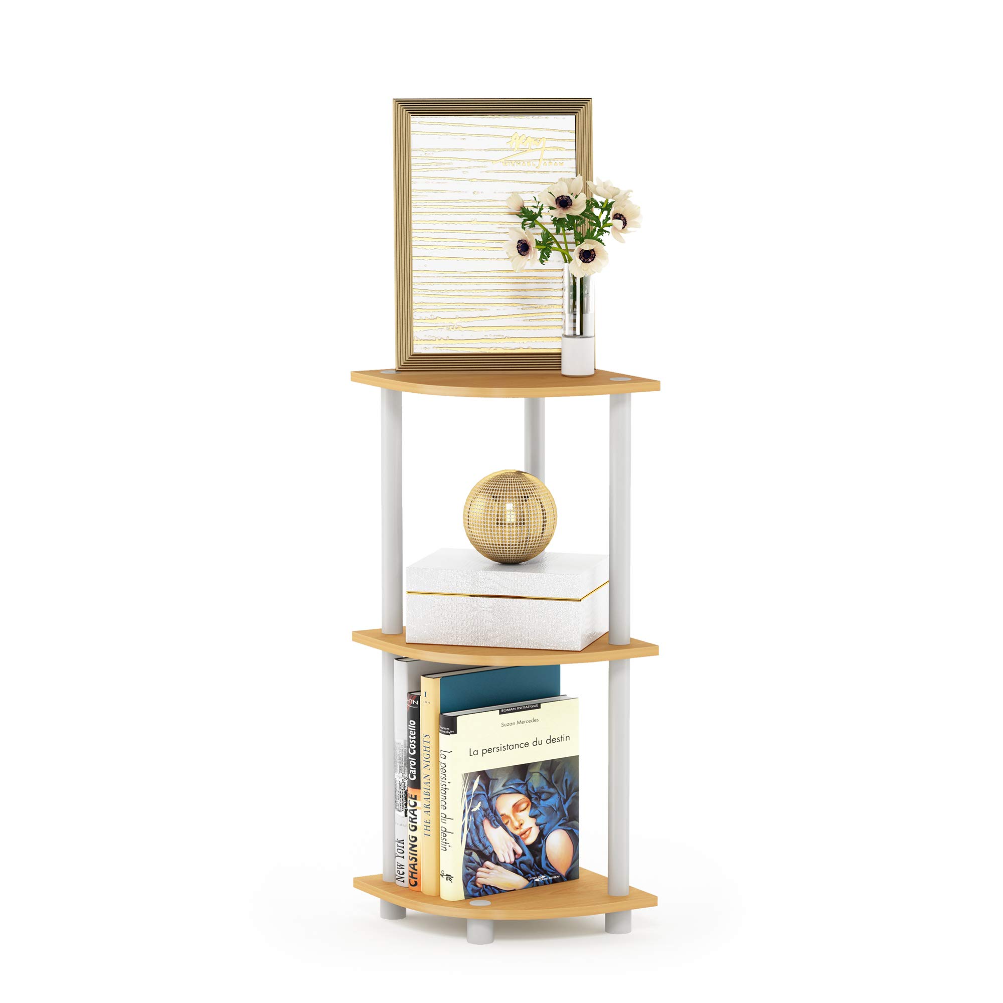 Furinno Turn-N-Tube 3-Tier Corner Display Rack - Multipurpose Shelving Unit for Home & Office - Beech/White (Model 12077BE/WH) - Perfect for Organizing Books, Plants & Decor in Small Spaces