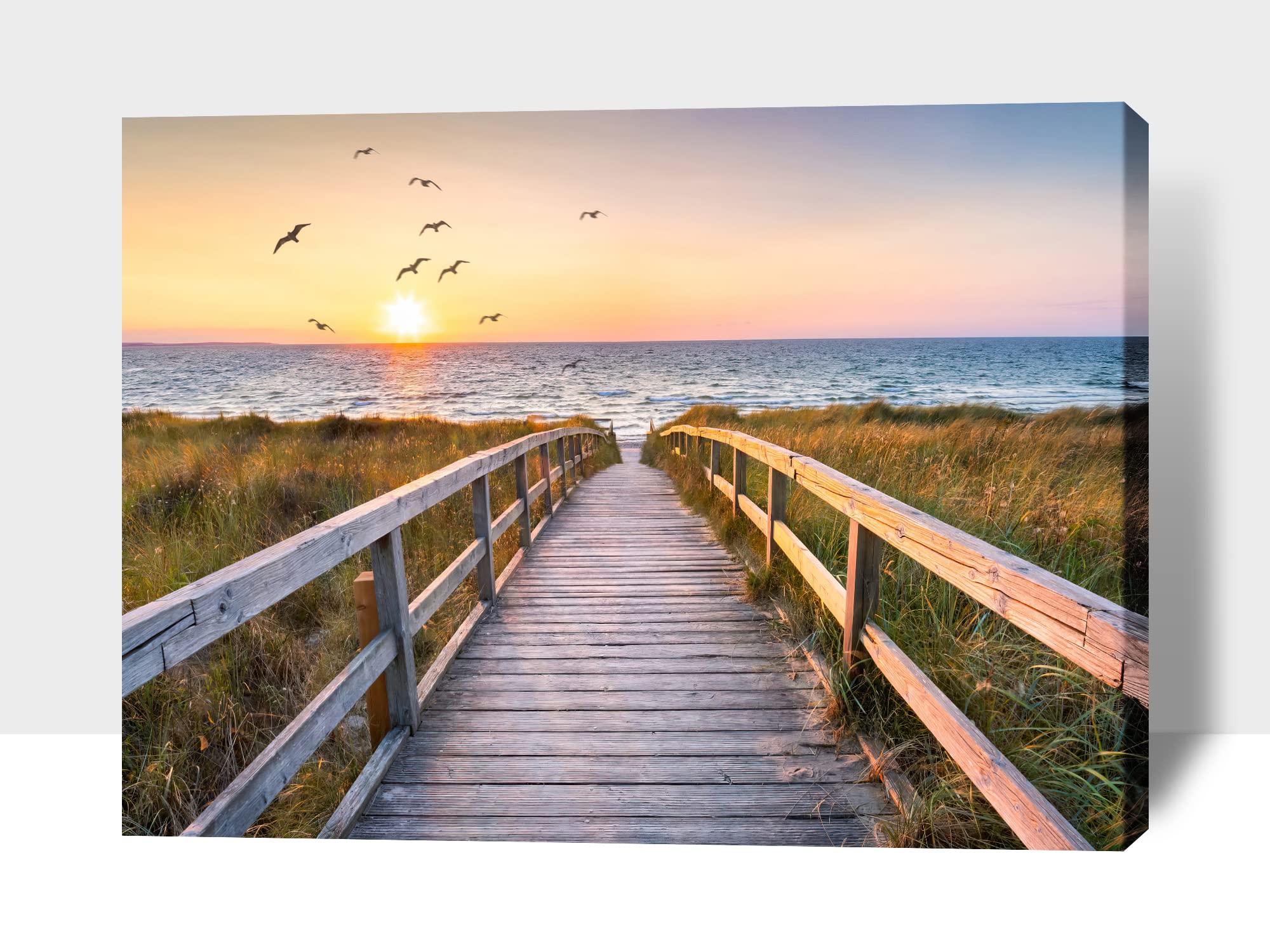 Large Sunrise Seabird & Beach Canvas Wall Art - Ocean Coastal Painting for Living Room Decor, Framed Seascape Poster (28x40 Inches) - Perfect for Beach House, Bedroom & Office Wall Decoration