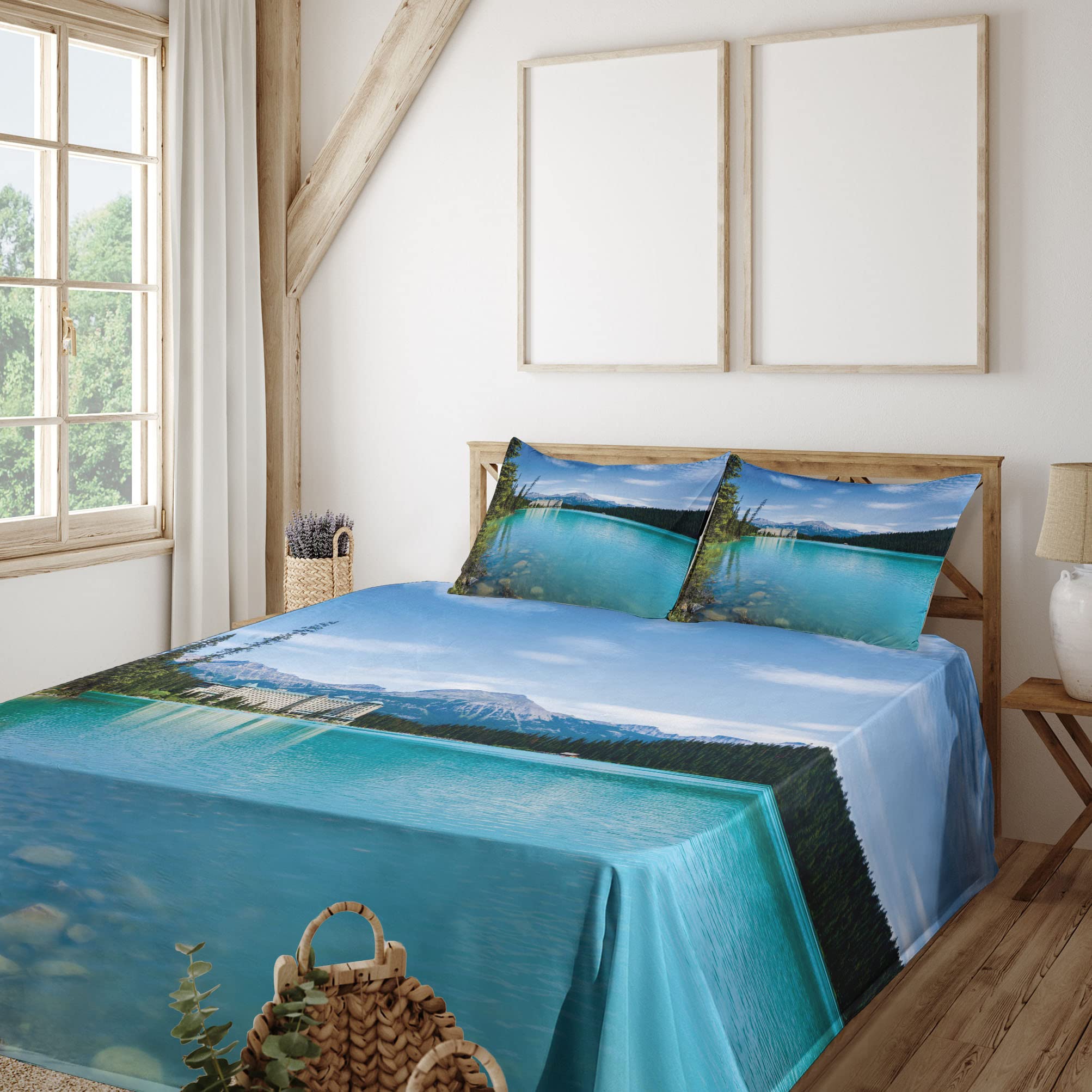 Ambesonne Historical Castle Landscape Sheet Set - 4 Piece King Size Bedding with Fitted Sheet, Flat Sheet & Pillowcases - Turquoise Green Canadian Rural Art Design for Luxurious Bedroom Decor | Perfect for Guest Rooms, Vacation Homes & Castle-Themed Bedrooms