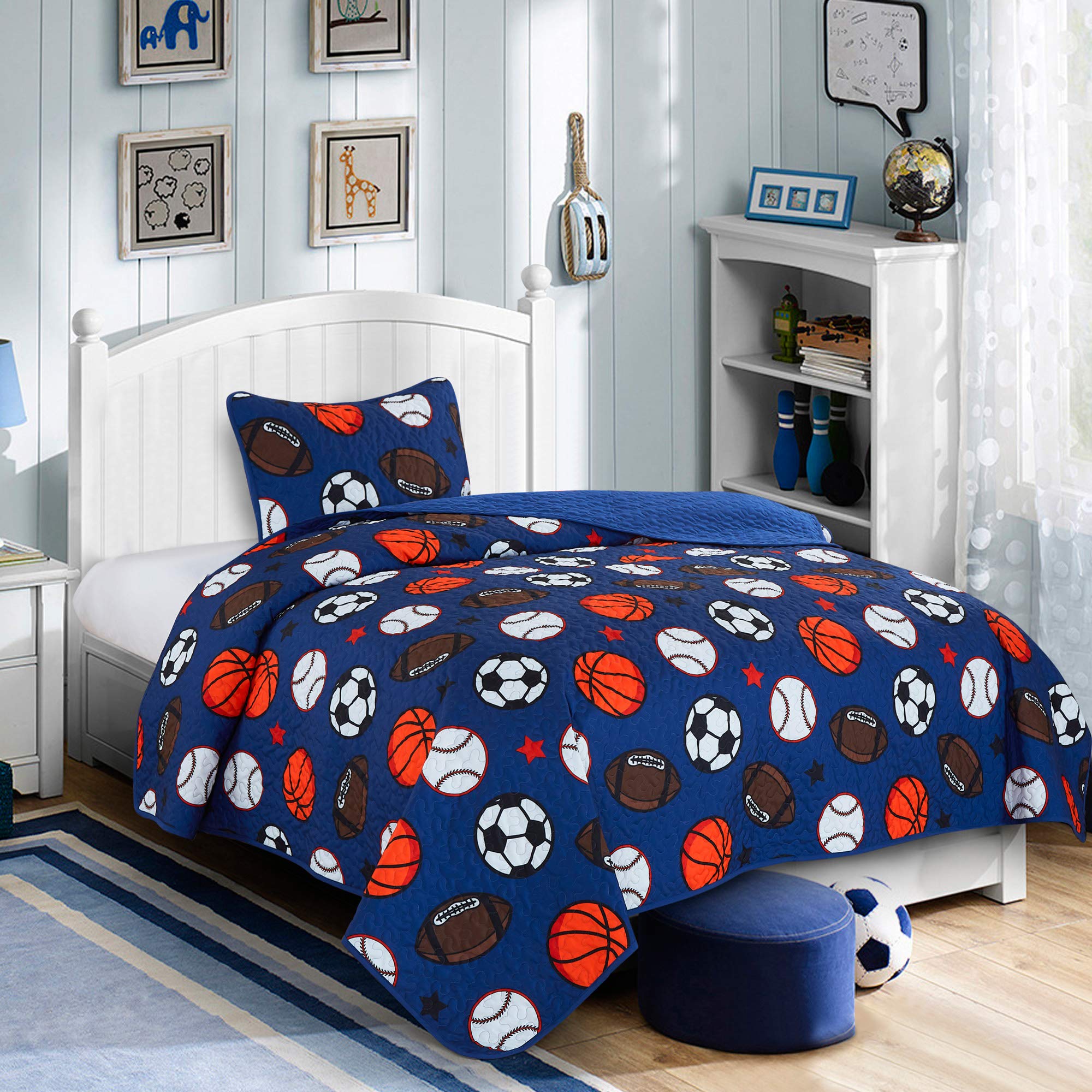 WPM WORLD PRODUCTS MART Blue Twin Quilt Set - Football Baseball Basketball Sports Theme Bedding with Pillow Sham | Perfect for Kids' Rooms, Dorm Decor & Sports Fans (Twin Size)