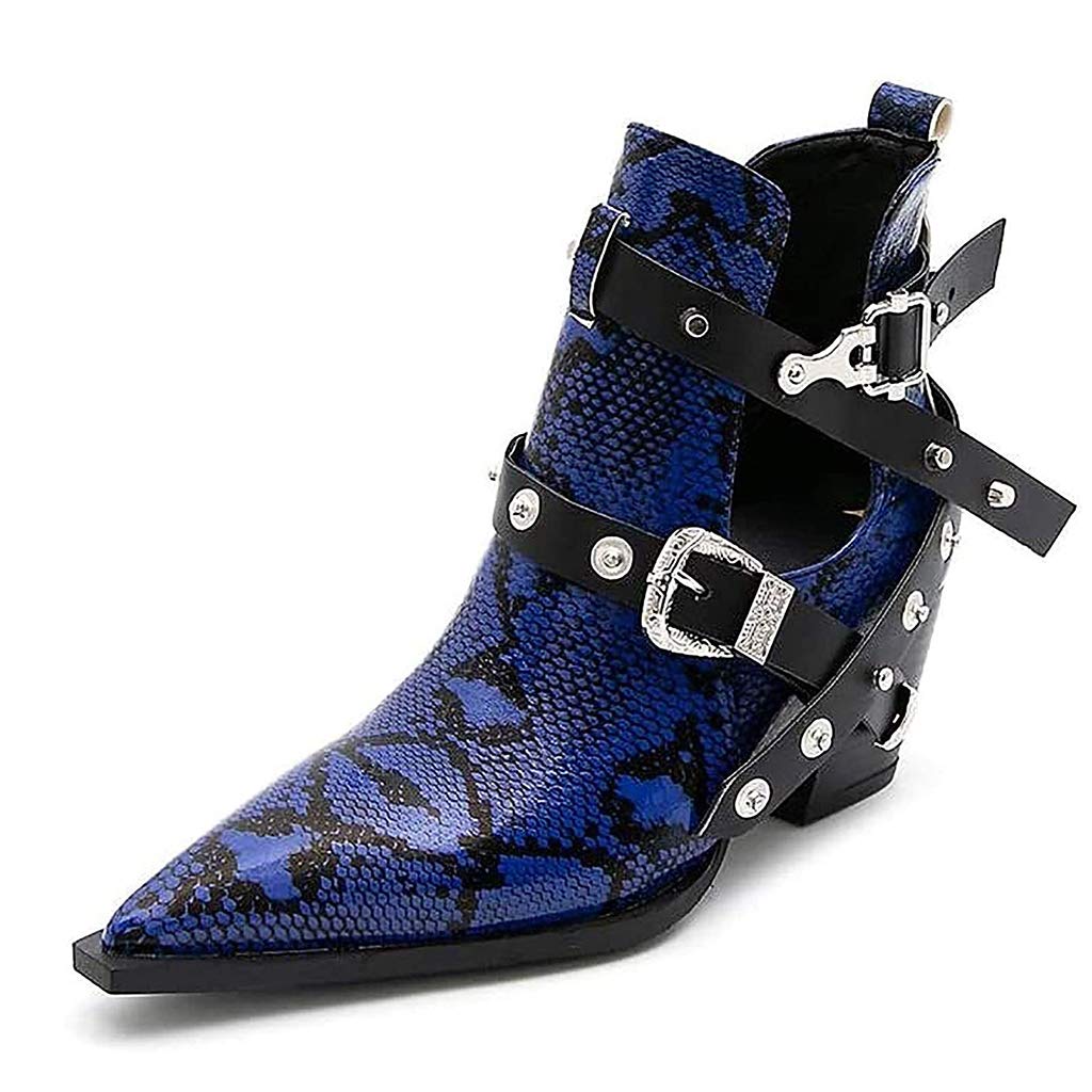Women's Western Cowboy Ankle Boots - Snake Print & Pointed Toe Vintage Style for Walking, Hiking, Outdoor, Party & Prom | Comfortable Club Short Boots in Blue (Size 35) - Perfect for Country Music Festivals, Rodeo Events & Western Fashion Outfits