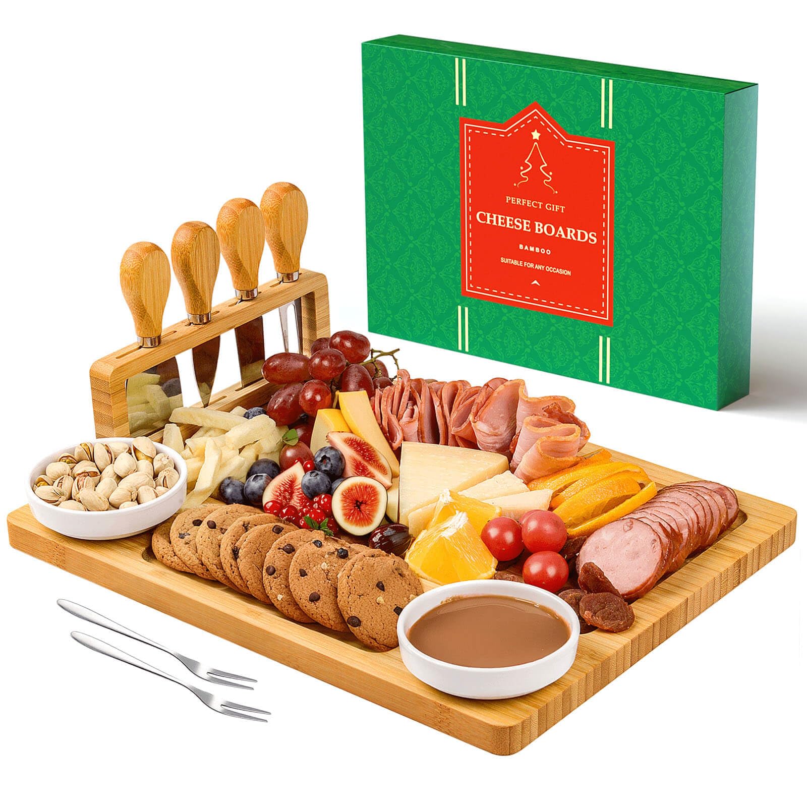 Premium Bamboo Charcuterie Board Set - Large Cheese Platter with Knives, Perfect for Entertaining, Christmas, Wedding & Housewarming Gifts - Elegant Serving Tray for Cheese, Charcuterie & Appetizers