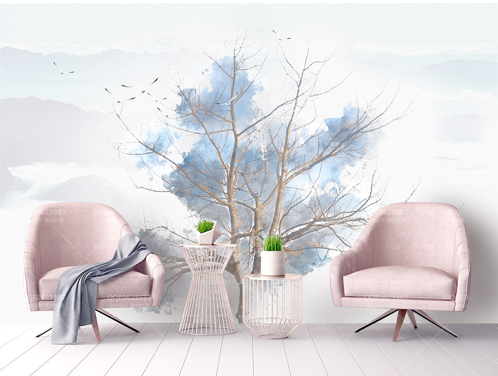 Blue Tree Sketch Wallpaper Murals - Nature-Inspired Peel and Stick Wall Decals for Living Room, Bedroom & Nursery Decor