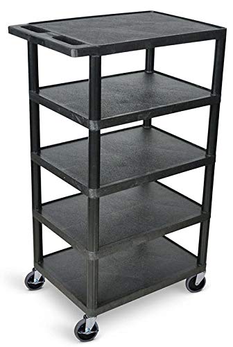 Luxor BC50-B Heavy Duty 5-Tier Plastic Utility Cart with Flat Shelves - Ideal for Warehouse, Office, and Home Storage Organization