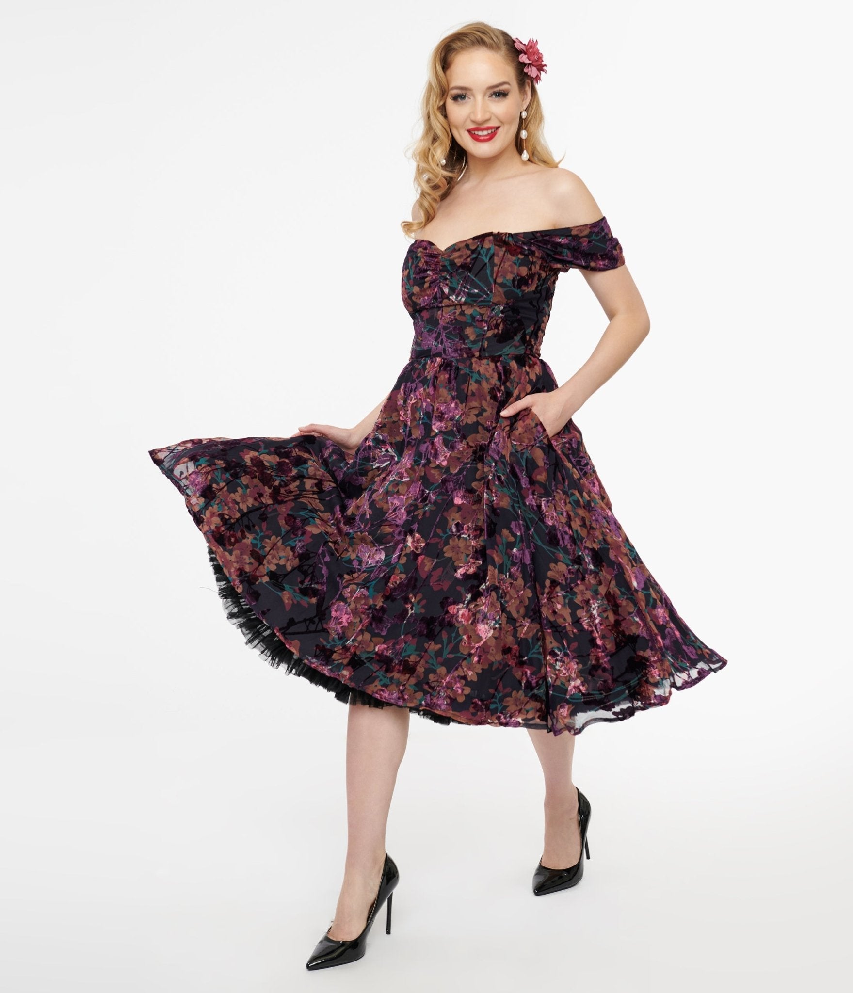 Vintage 1950s Purple Floral Velvet Burnout Off-Shoulder Flare Dress - Retro Swing Dress for Cocktail Parties, Date Nights & Special Occasions