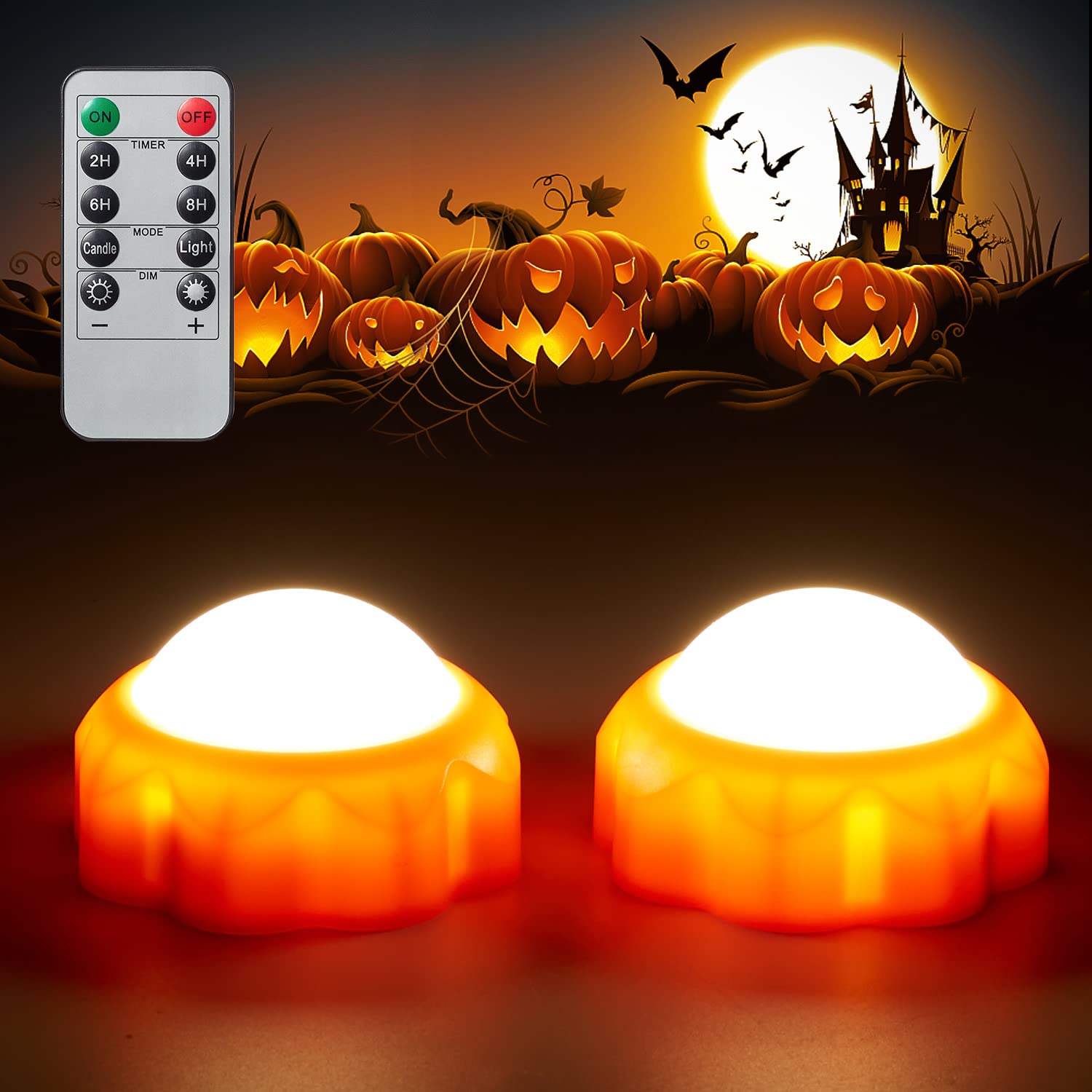 2 Pack Halloween LED Pumpkin Lights with Remote & Timer - Battery Operated Orange Jack-O-Lantern Lights for Indoor/Outdoor Decor - Flickering Flameless Candles for Porch, Yard & Party Decorations