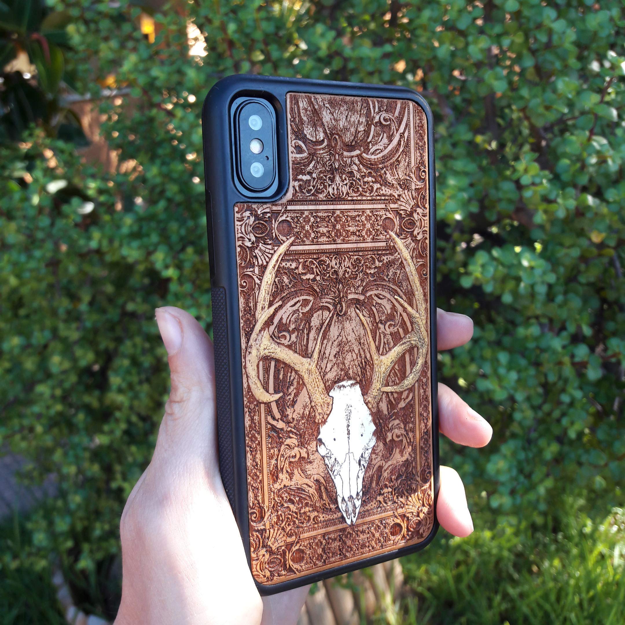 Hand-Painted Deer Skull Laser Engraved Wooden Phone Case for iPhone 16/15/14/13/12/11 Pro Max/Mini & Galaxy S25/S24/S23/S22/S21/S20 Ultra Plus - Eco-Friendly Slim Durable Wood Cover - Perfect for Outdoor Adventures, Nature Lovers & Unique Gift Ideas
