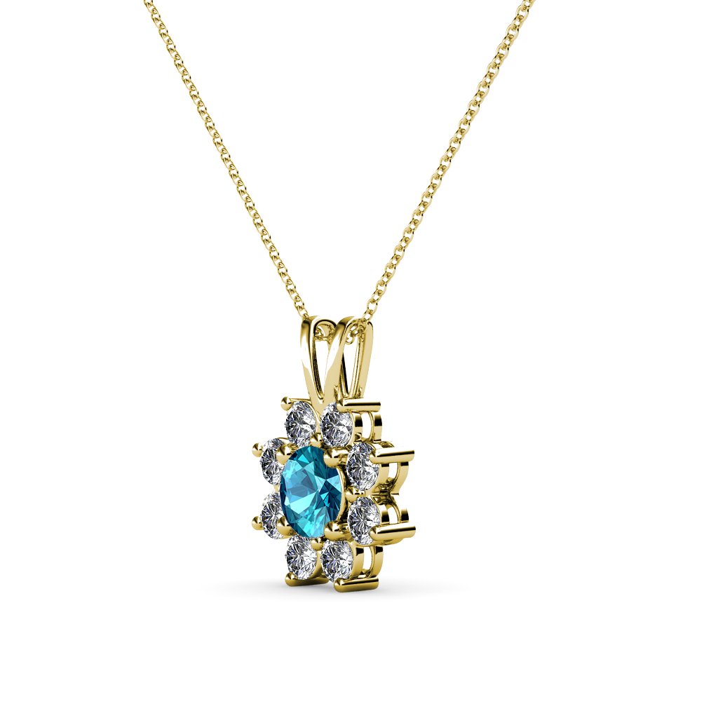 TriJewels 14K Gold London Blue Topaz Floral Halo Pendant Necklace for Women - 1/2 ctw Round Diamond Accents, 18 Inch Chain - Perfect for Weddings, Anniversaries & Special Occasions