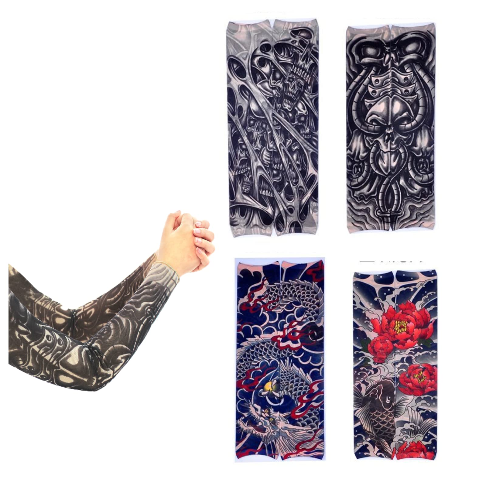 4 Pairs Fake Temporary Tattoo Arm Sleeves - UV Protection Sun Block Sleeves for Women & Men, Fashionable Arm Cover Tattoos for Summer Outdoor Activities, Sports and Costume Parties