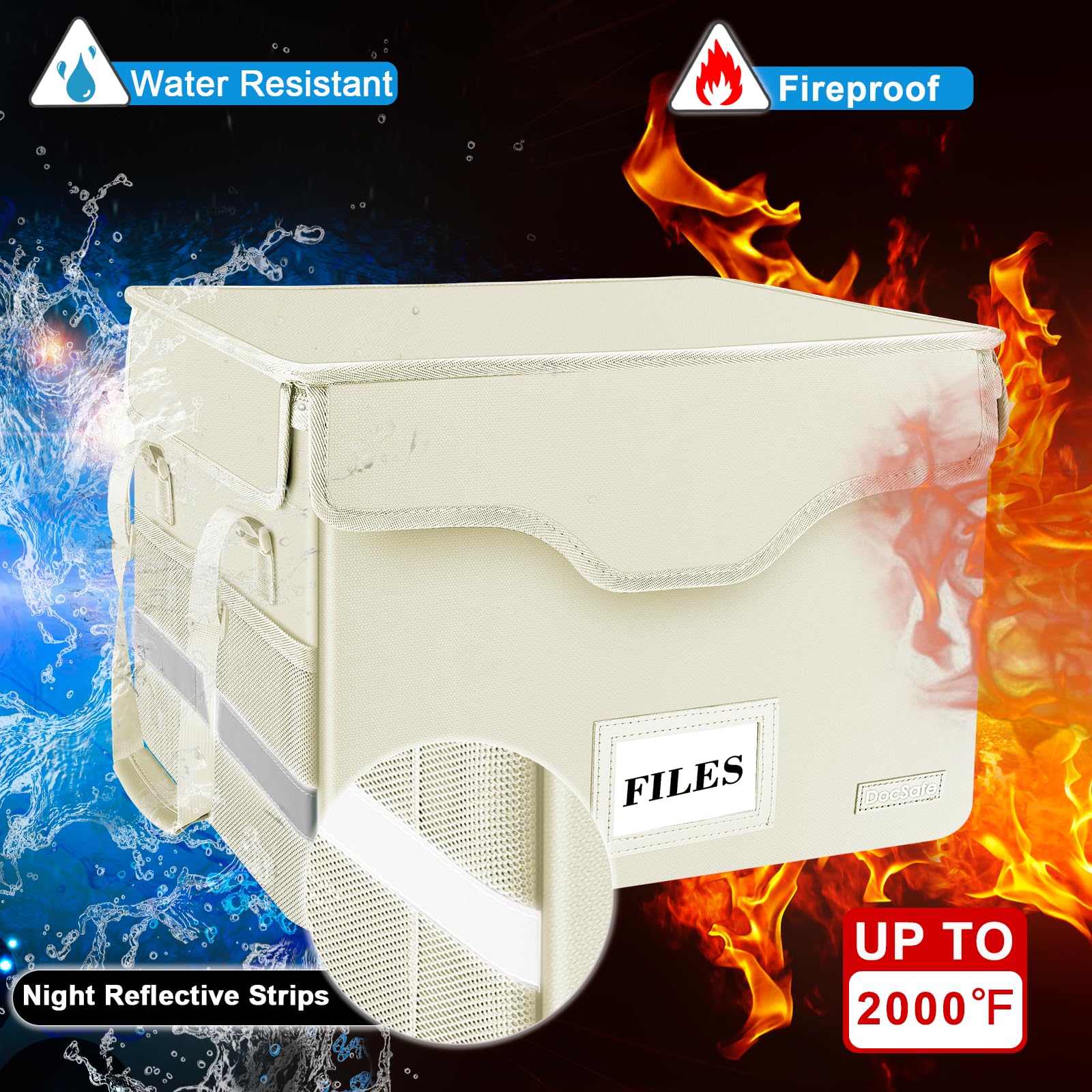 Fireproof Document Box with Lock - Waterproof & Collapsible File Storage Organizer for Home & Office | Portable File Cabinet with Handle & Pockets for Letter/Legal Folders | Secure Storage for Important Documents, Certificates & Cash | Beige Home Office Organizer