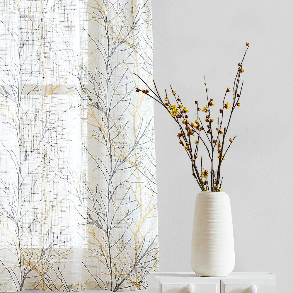 FMFUNCTEX White & Grey/Yellow Farmhouse Kitchen Curtains Set - 36 Inch Tree Branch Print Café Curtains with Rod Pocket (2 Panels) for Windows, Bathroom & Rustic Home Decor | Perfect for Coffee Shops, Country Kitchens and Cozy Living Spaces