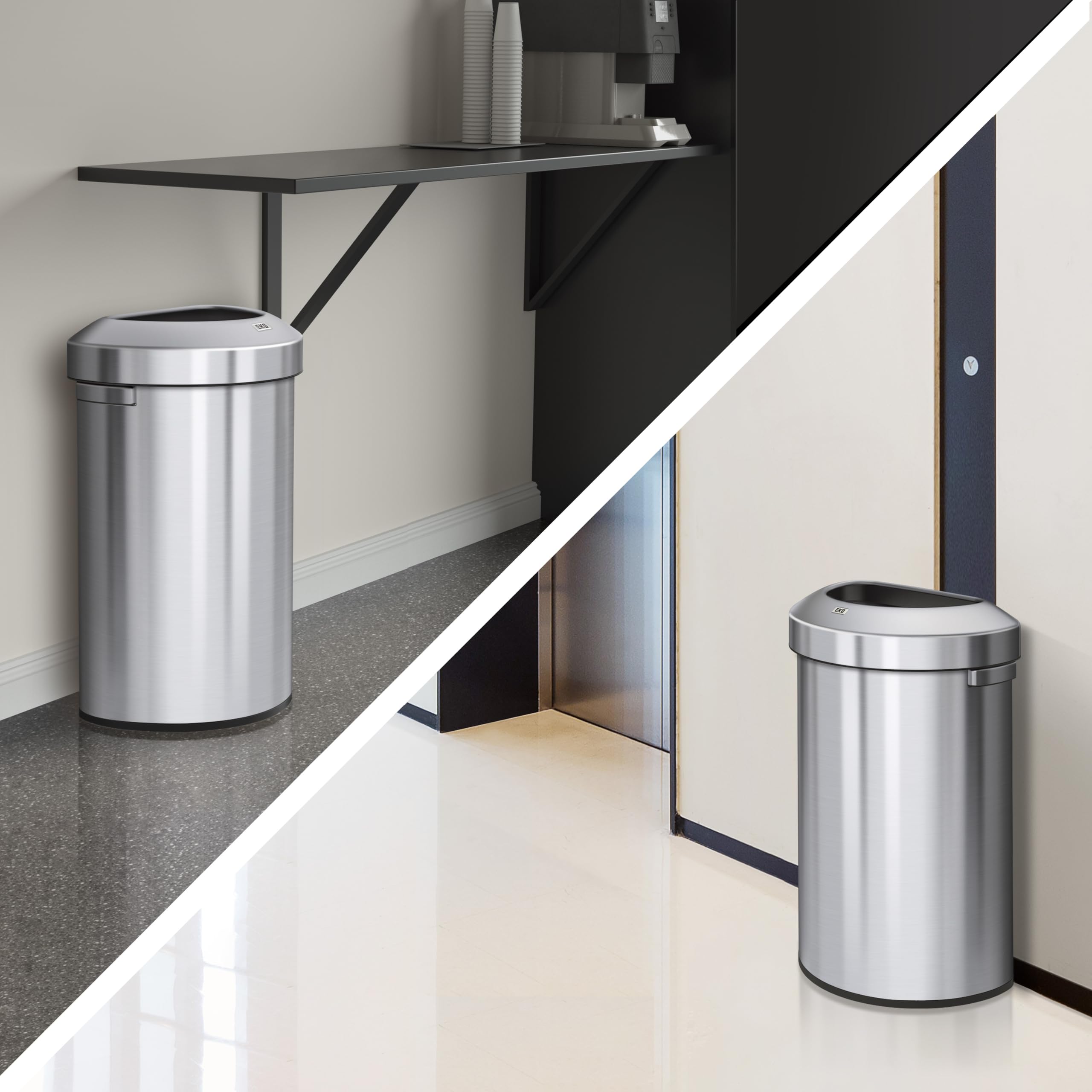 EKO Urban 16 Gallon Stainless Steel Semi-Round Commercial Trash Can - Large Metal Garbage Bin for Home, Office, Restaurant & Restroom - Indoor/Outdoor Use - Perfect for Kitchen, Bathroom, Lobby & Patio Waste Disposal (60L Capacity)