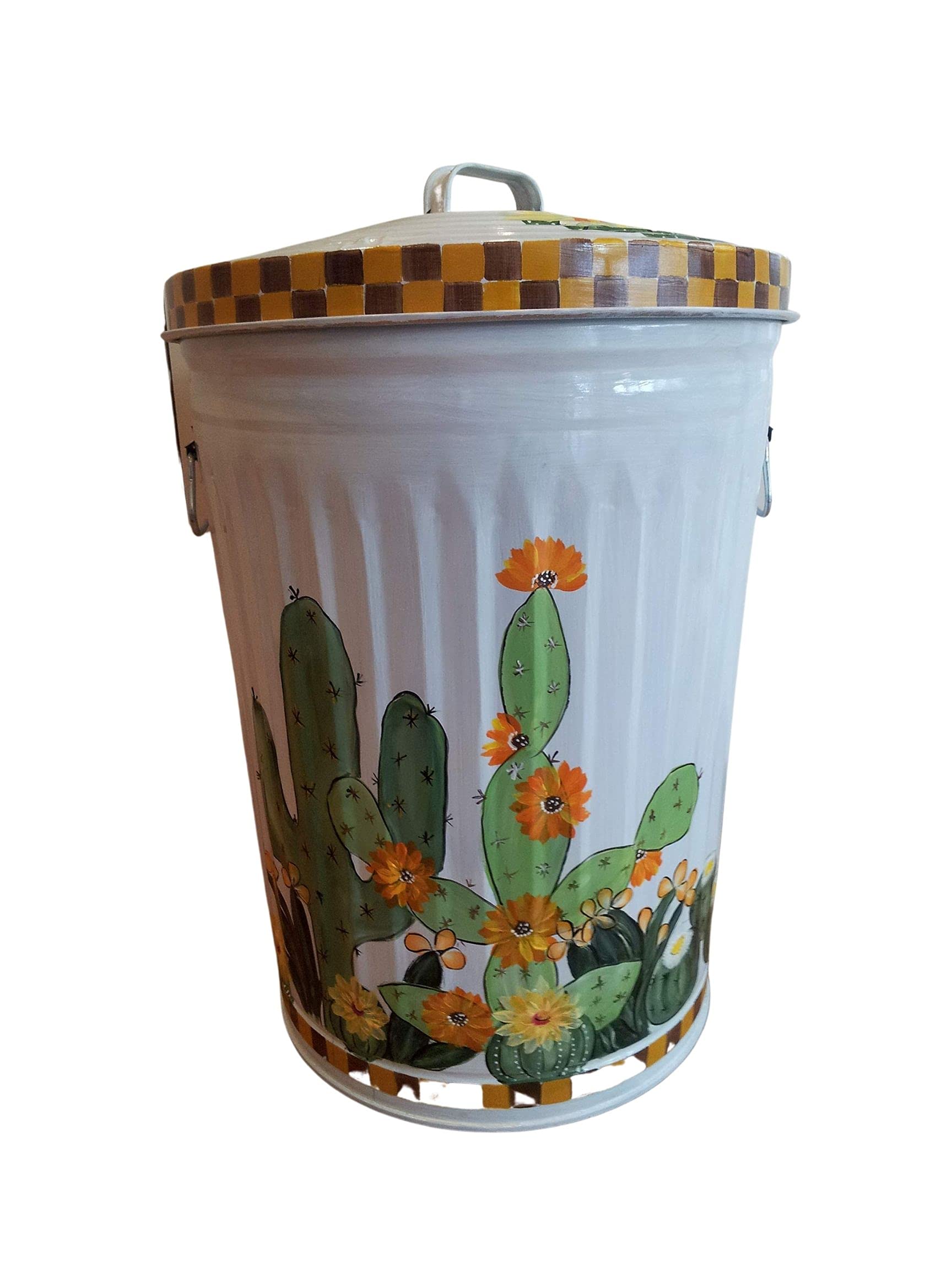 20 Gallon Hand Painted Galvanized Steel Trash Can with Lid - Durable Outdoor Garbage Bin for Patio, Garden, and Home Use