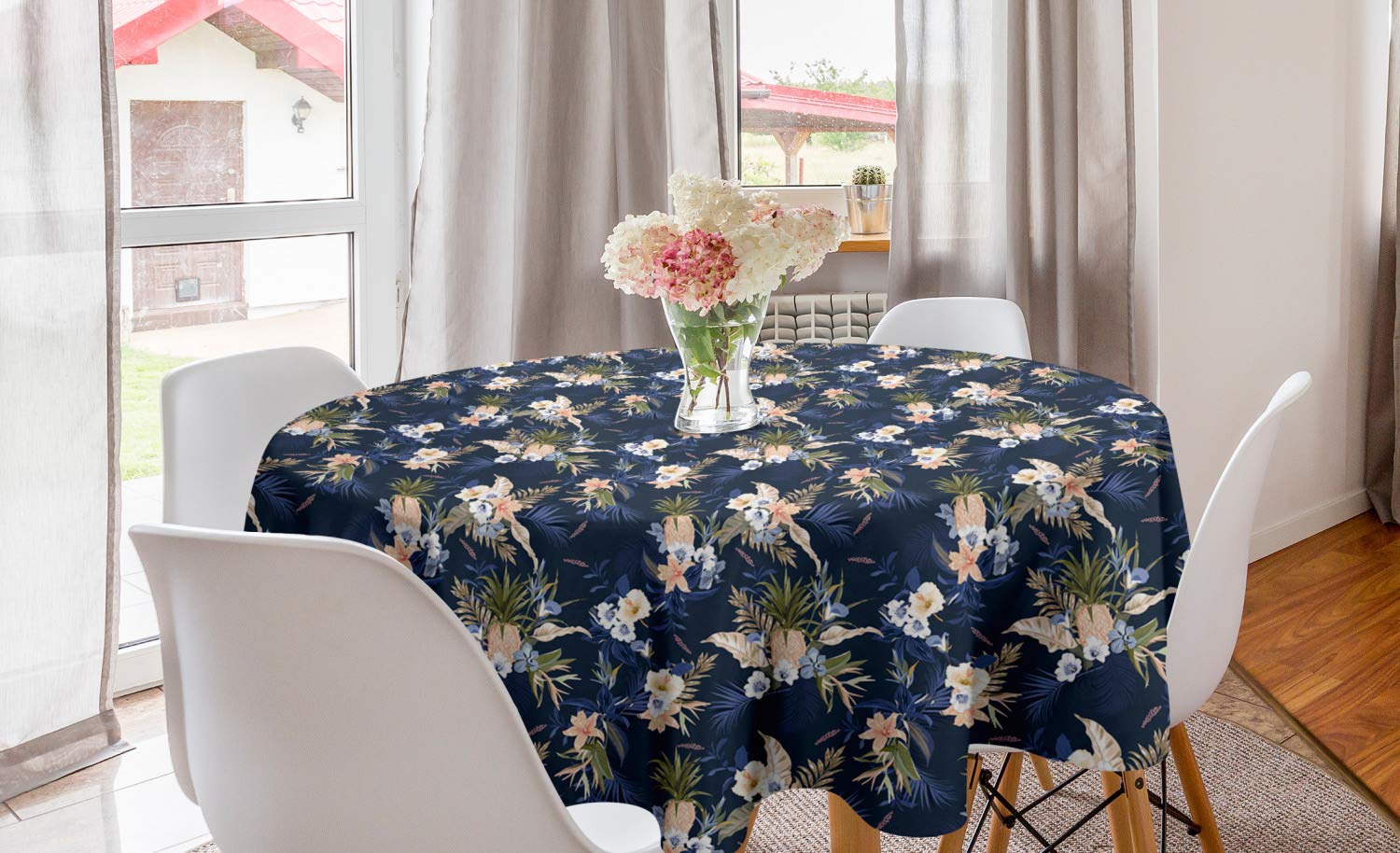 Ambesonne Navy Blue Round Tablecloth with Tropical Monstera Leaf, Summer Fruits, Lily & Hibiscus Flowers - 60