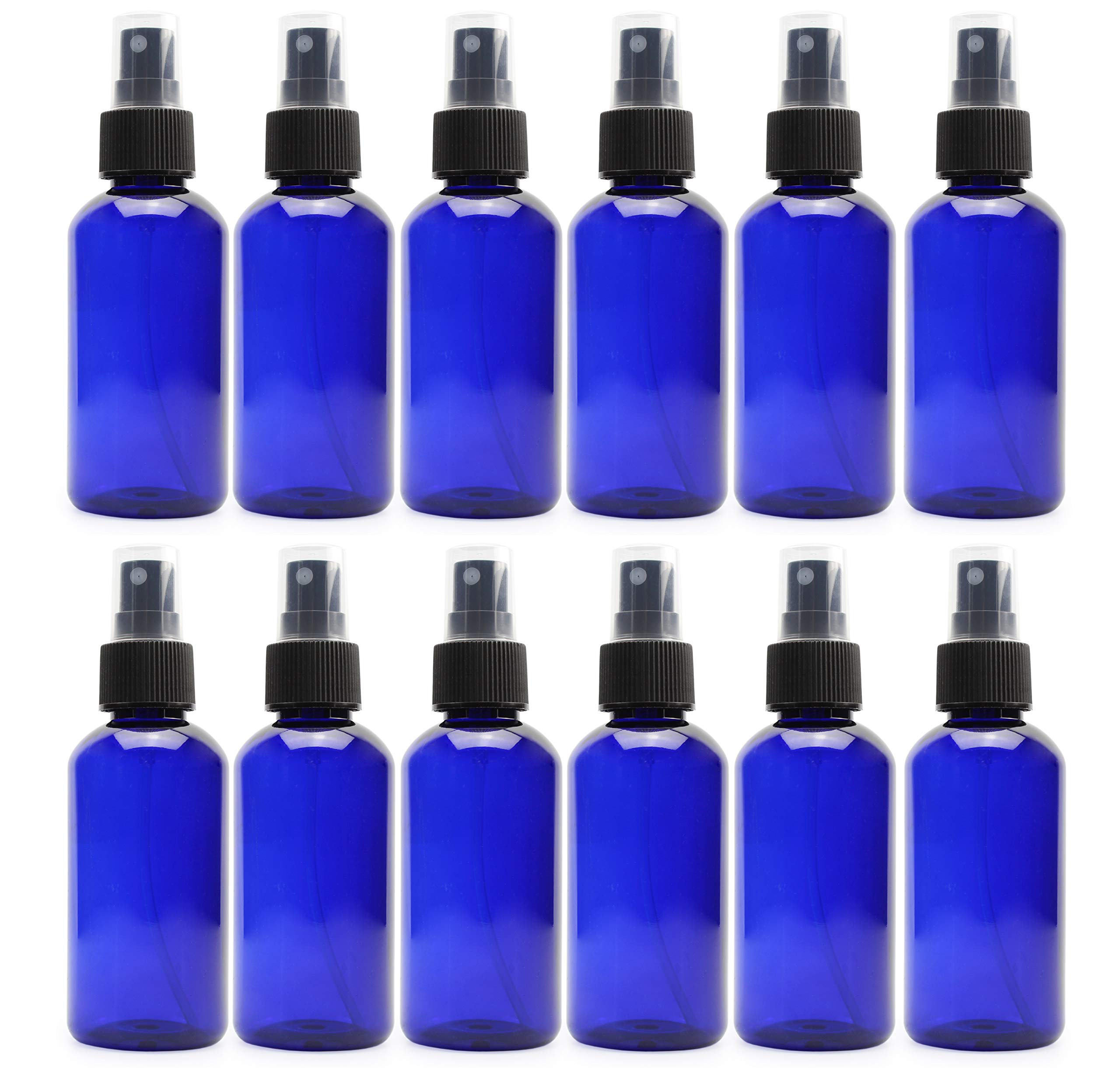 Cornucopia 12-Pack 4oz Blue Plastic Fine Mist Spray Bottles - BPA-Free PET #1 Plastic Spritzer Bottles with Labels Included - Perfect for Hair Styling, Gardening, Cleaning & Travel Essentials