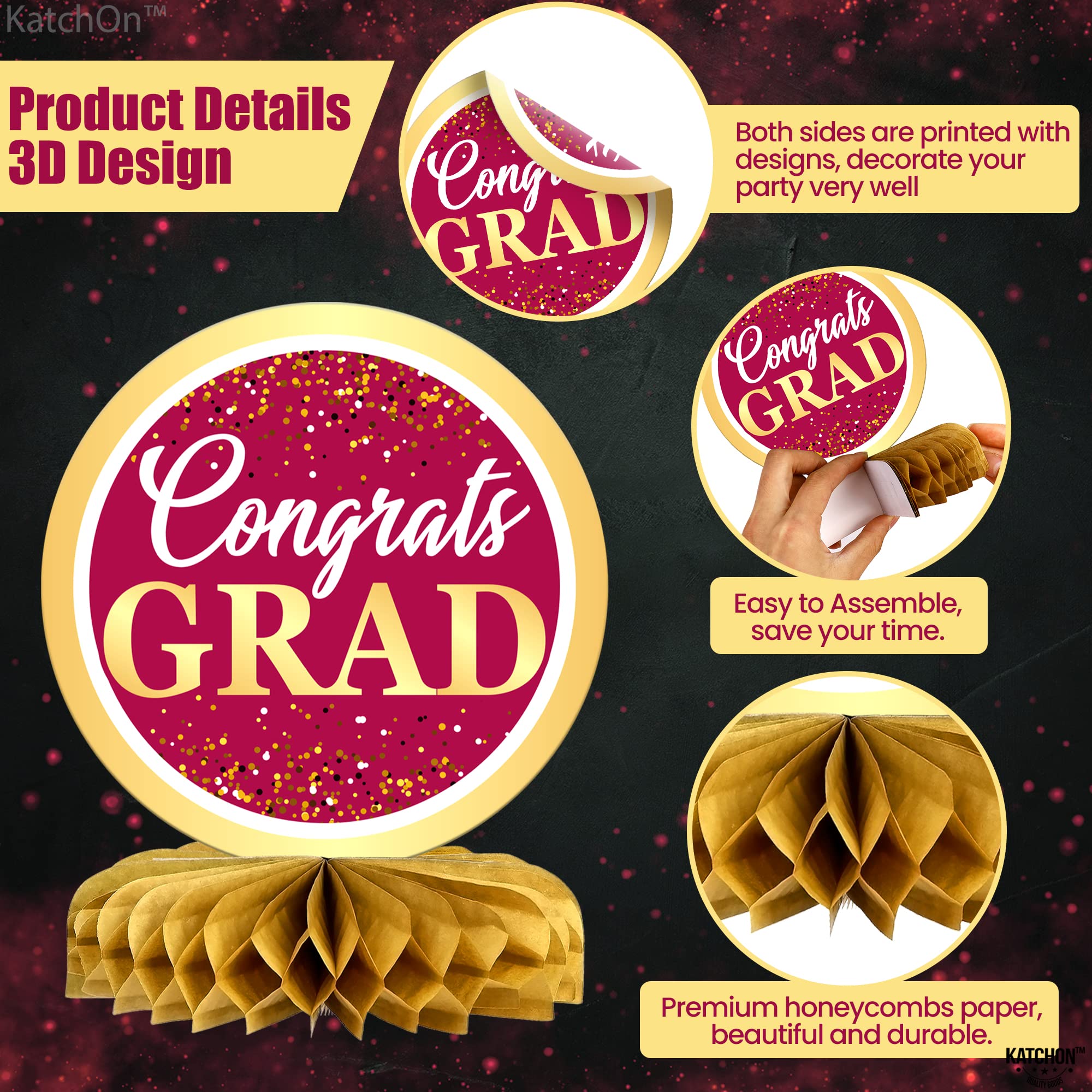 KatchOn Maroon & Gold Graduation Centerpieces for Tables 2025 - Pack of 9 Honeycomb Decorations | Class of 2025 Graduation Party Supplies | Perfect for Graduation Ceremonies, Banquets & Photo Backdrops