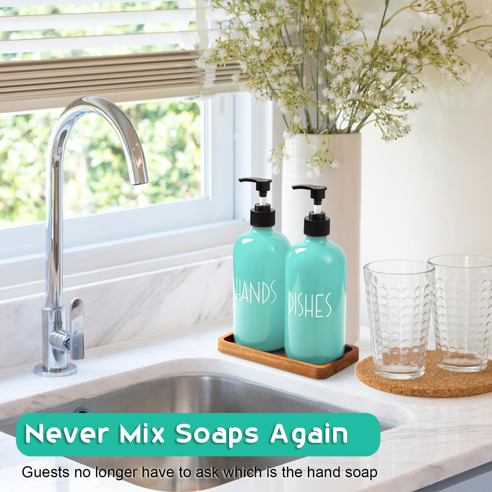 ALELION 16oz Glass Soap Dispenser with Pump & Acacia Wood Tray - Turquoise Kitchen Soap Dispenser Set for Hand & Dish Soap - Elegant Teal Home Decor for Bathroom, Kitchen Counter & Sink Area
