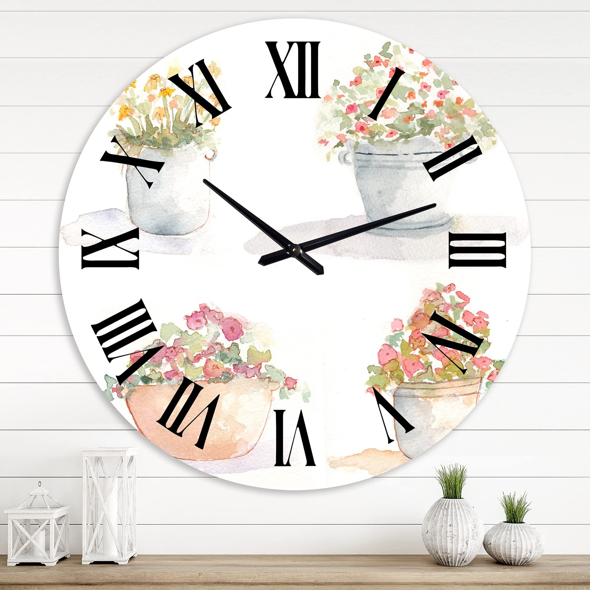 DesignQ Traditional Large Wall Clock with Floral & Botanical Design - Four Outdoor Flower Pots Decor for Living Room, Bedroom, Office | Perfect Home & Office Décor