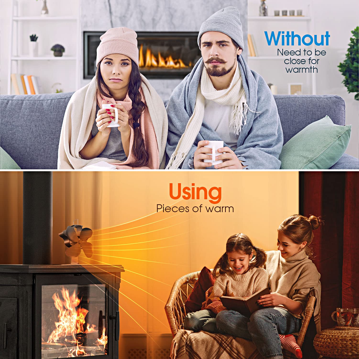 OCROUKI 4-Blade Heat Powered Wood Stove Fan - No Electricity Required, Energy Saving Fireplace Fan for Gas/Pellet/Wood Burning Stoves (HL-500P) - Perfect for Cozy Winter Nights & Eco-Friendly Heating