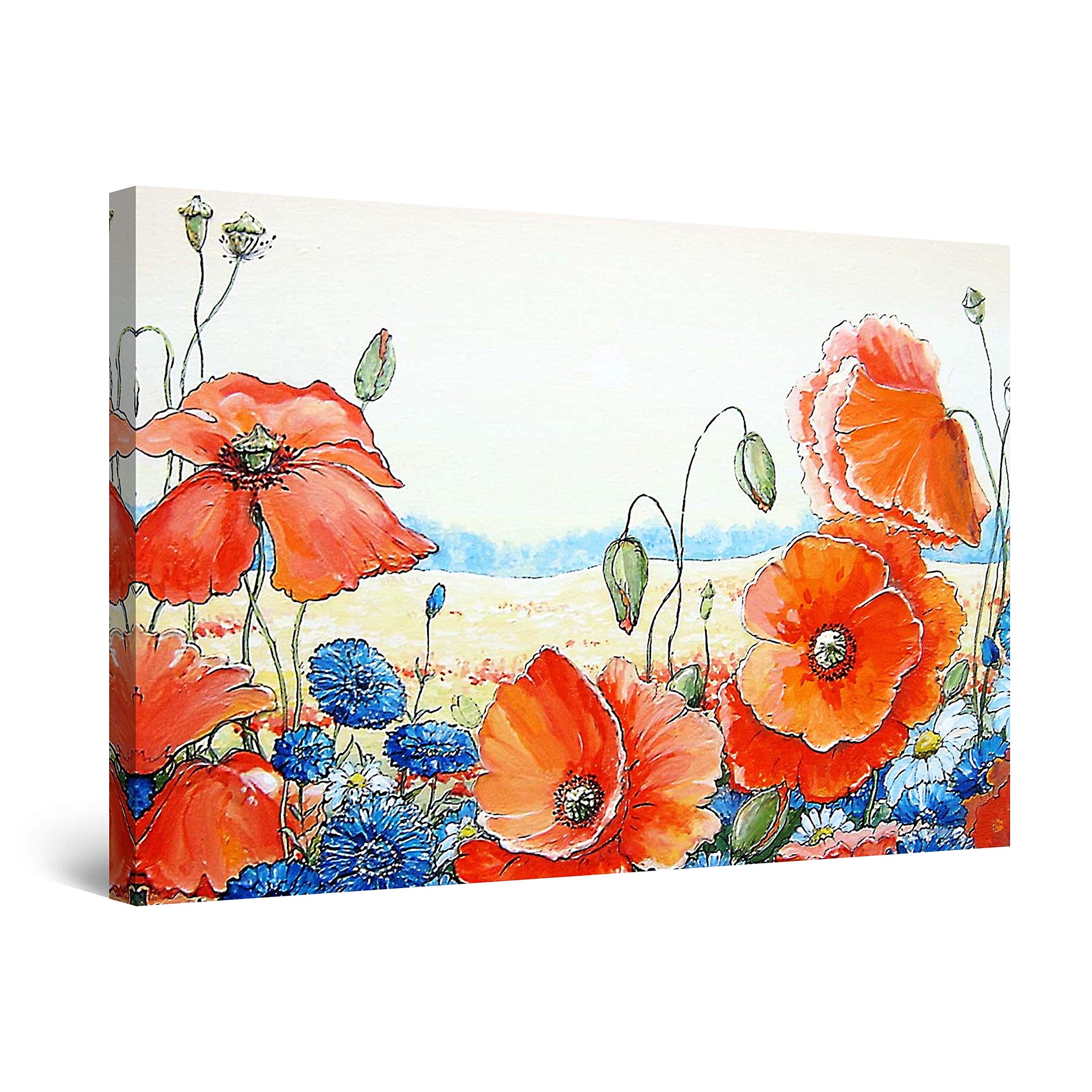 Stylized Red Poppies Flowers Canvas Wall Art - Abstract Framed Painting 24x36 Inch - Perfect for Living Room, Bedroom & Office Decor