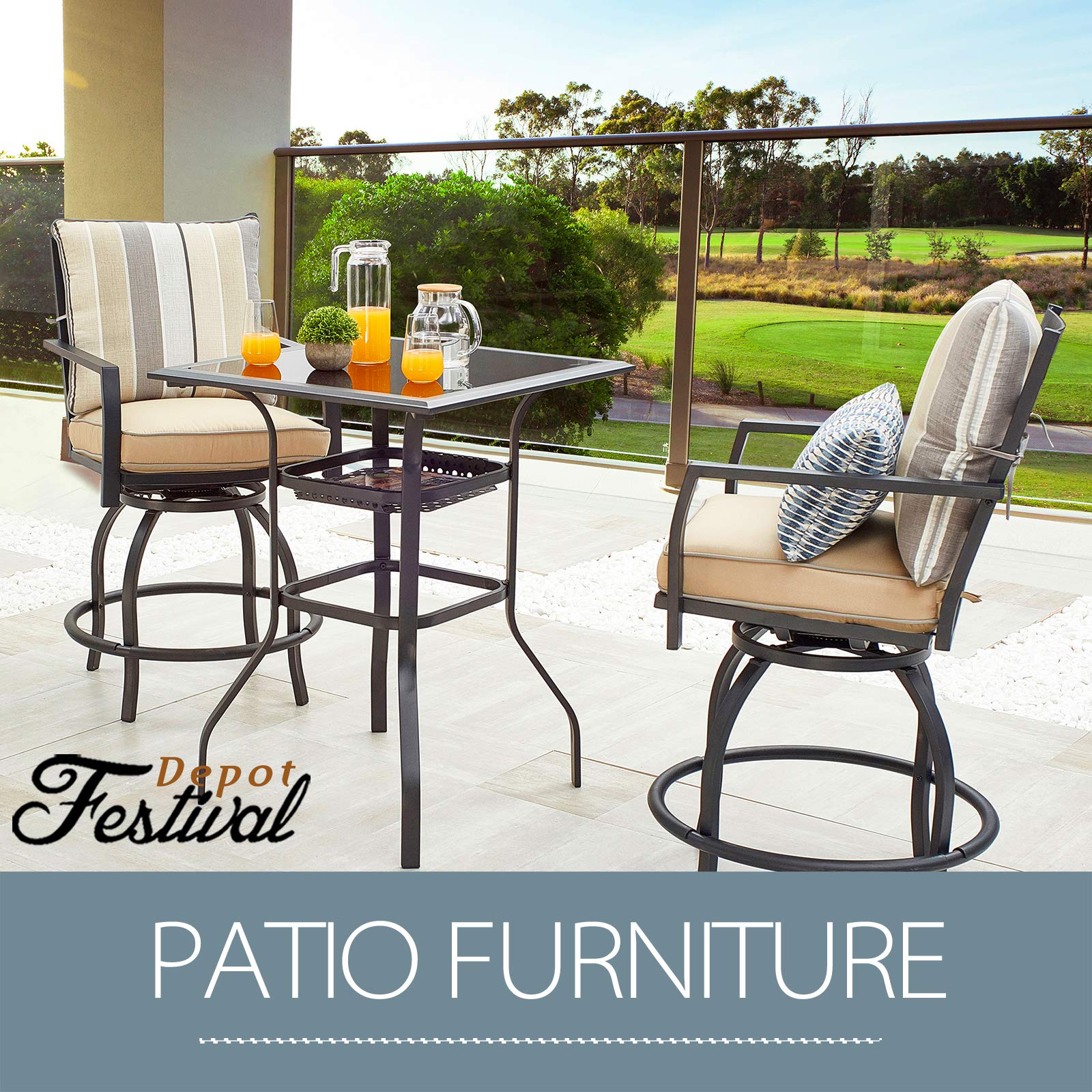 360° Swivel Patio Dining Set with Cushions - 3-Piece All-Weather Metal Bar Height Stools & Bistro Table for Outdoor, Garden, Deck, Poolside (Beige) - Perfect for BBQs, Parties & Relaxing in Your Backyard