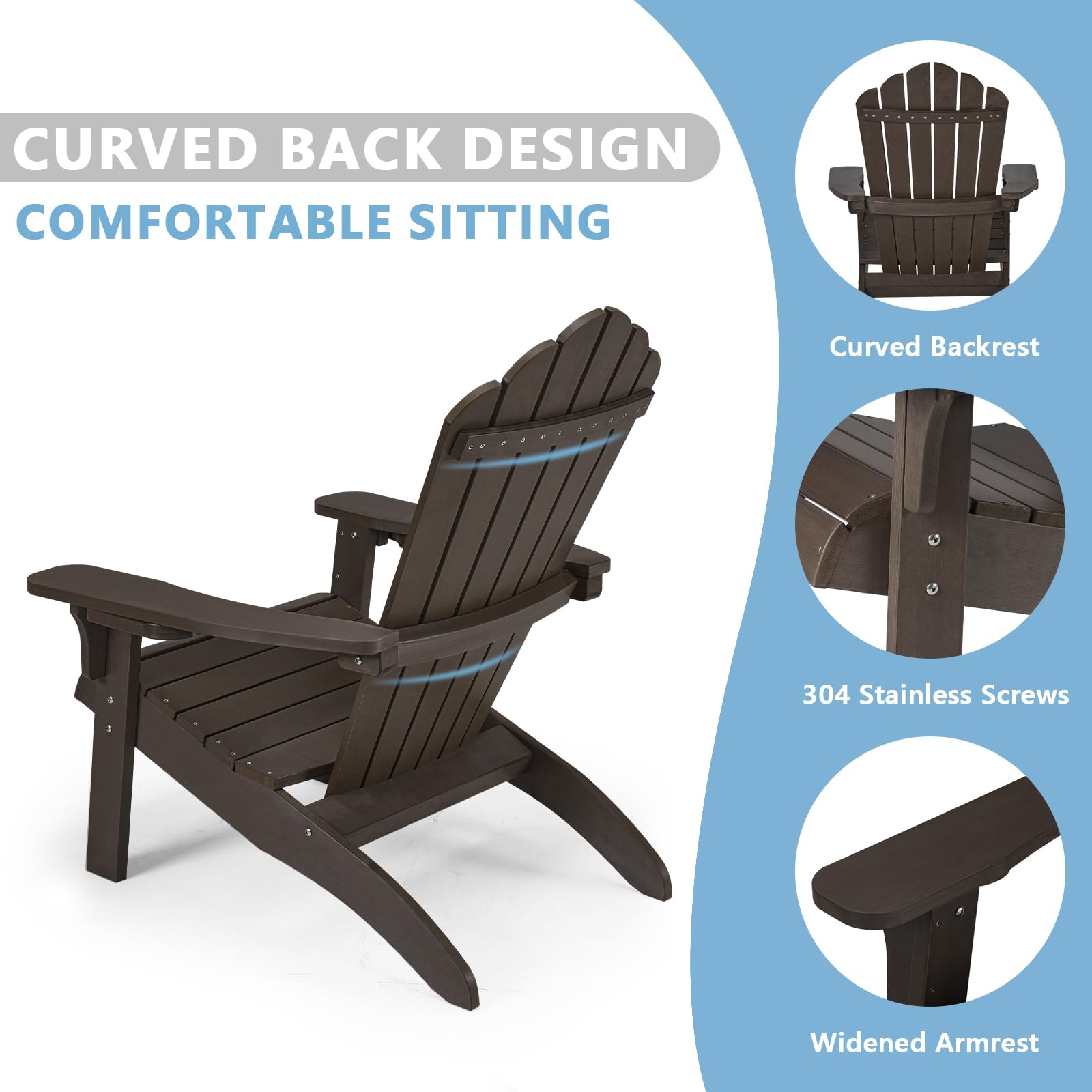 Premium Plastic Adirondack Chair with Cup Holder - Weather-Resistant Outdoor Patio Furniture for Garden, Porch, Lawn & Fire Pit Areas - Comfortable Seating for Relaxation (AC01S, Coffee Brown)