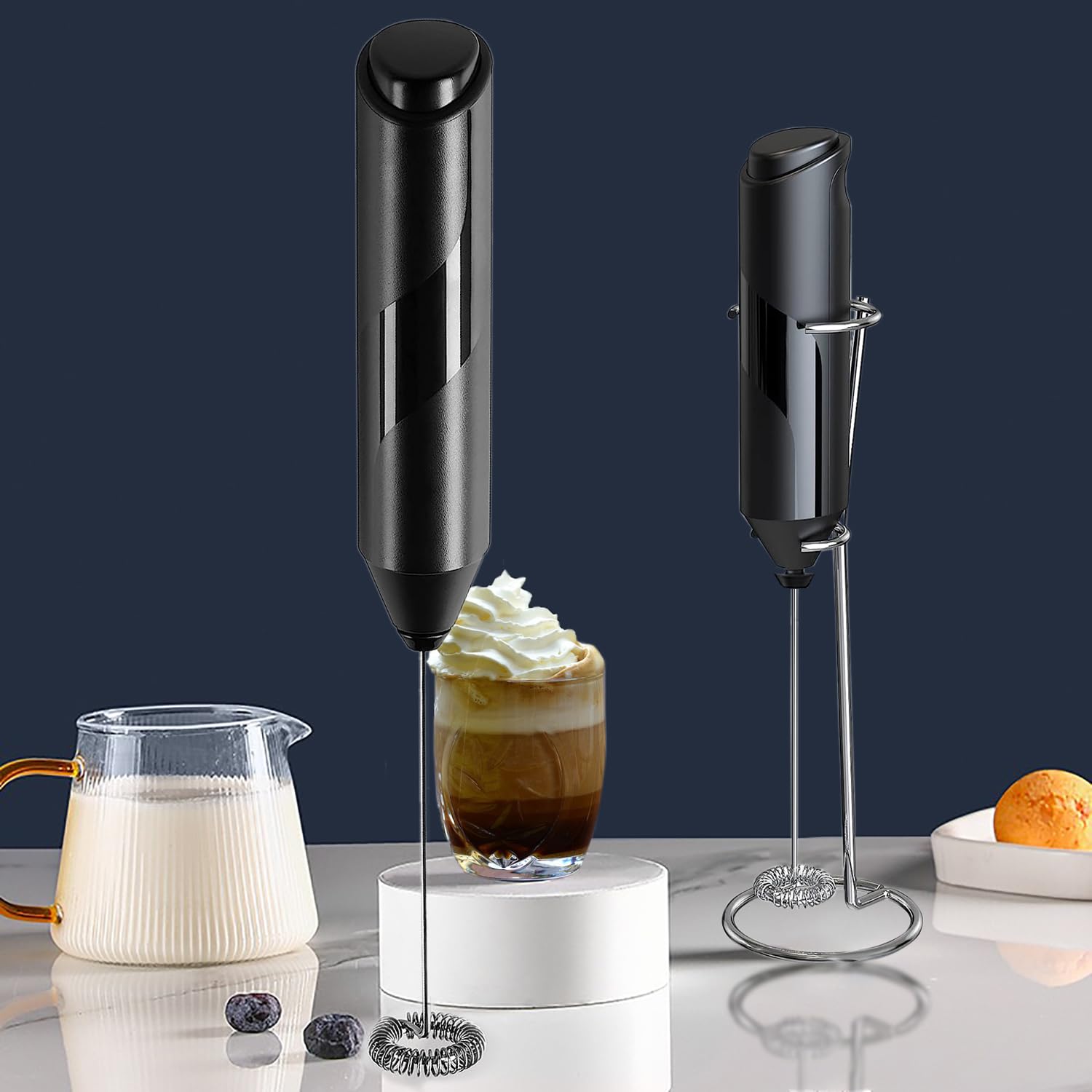 Premium Electric Milk Frother Handheld Wand with Stainless Steel Stand - Powerful Portable Drink Mixer & Whisk for Coffee, Lattes, Cappuccino, Matcha, Hot Chocolate - Perfect for Home, Office & Cafe Use (Black)