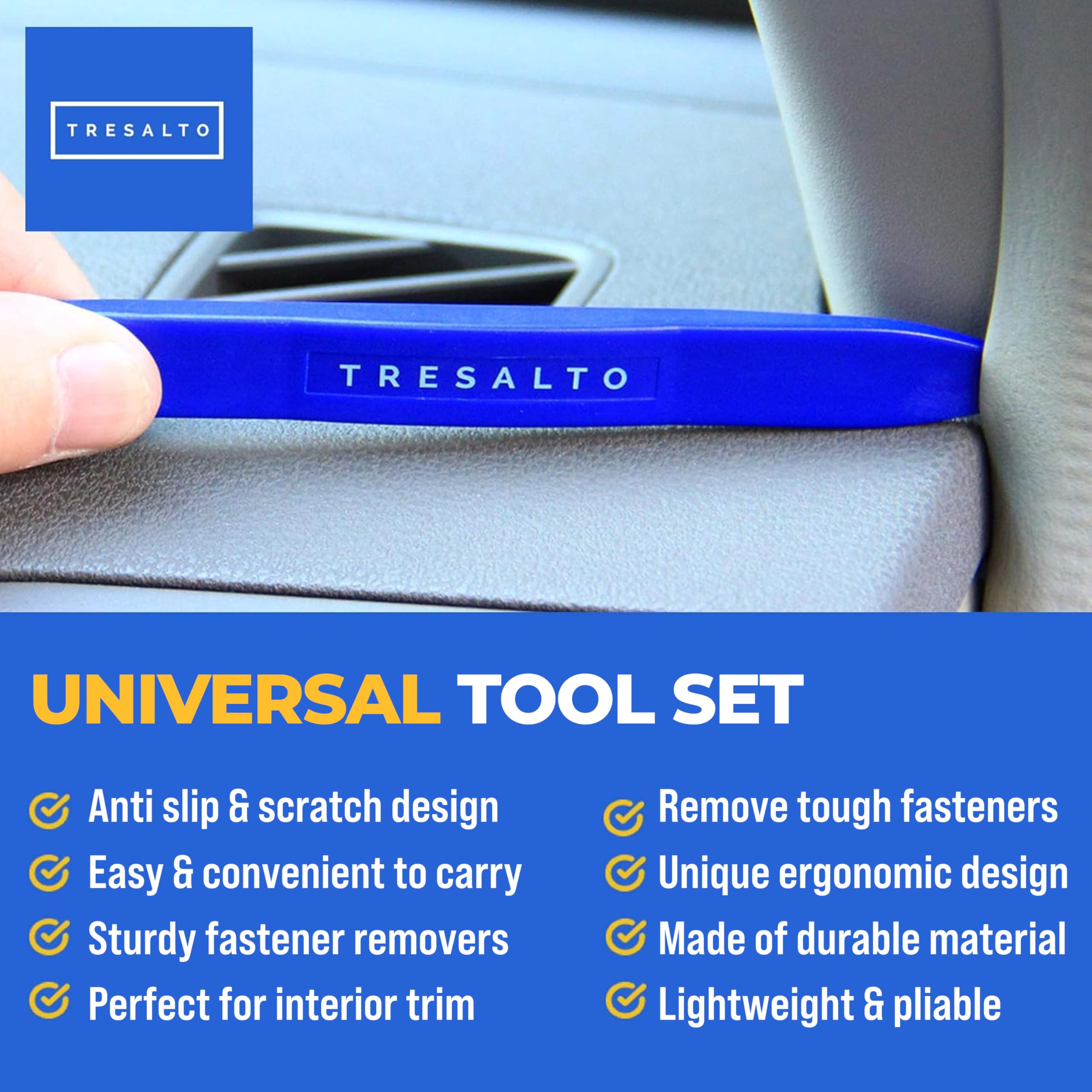 5-Piece Auto Trim Removal Tool Kit - No Scratch Pry Tools for Car Panel & Dashboard Removal - Includes Door Panel Tool, Push Rivets & Car Clips - Essential for Interior Trim Work - Blue - Perfect for DIY Car Repair, Detailing & Auto Interior Maintenance