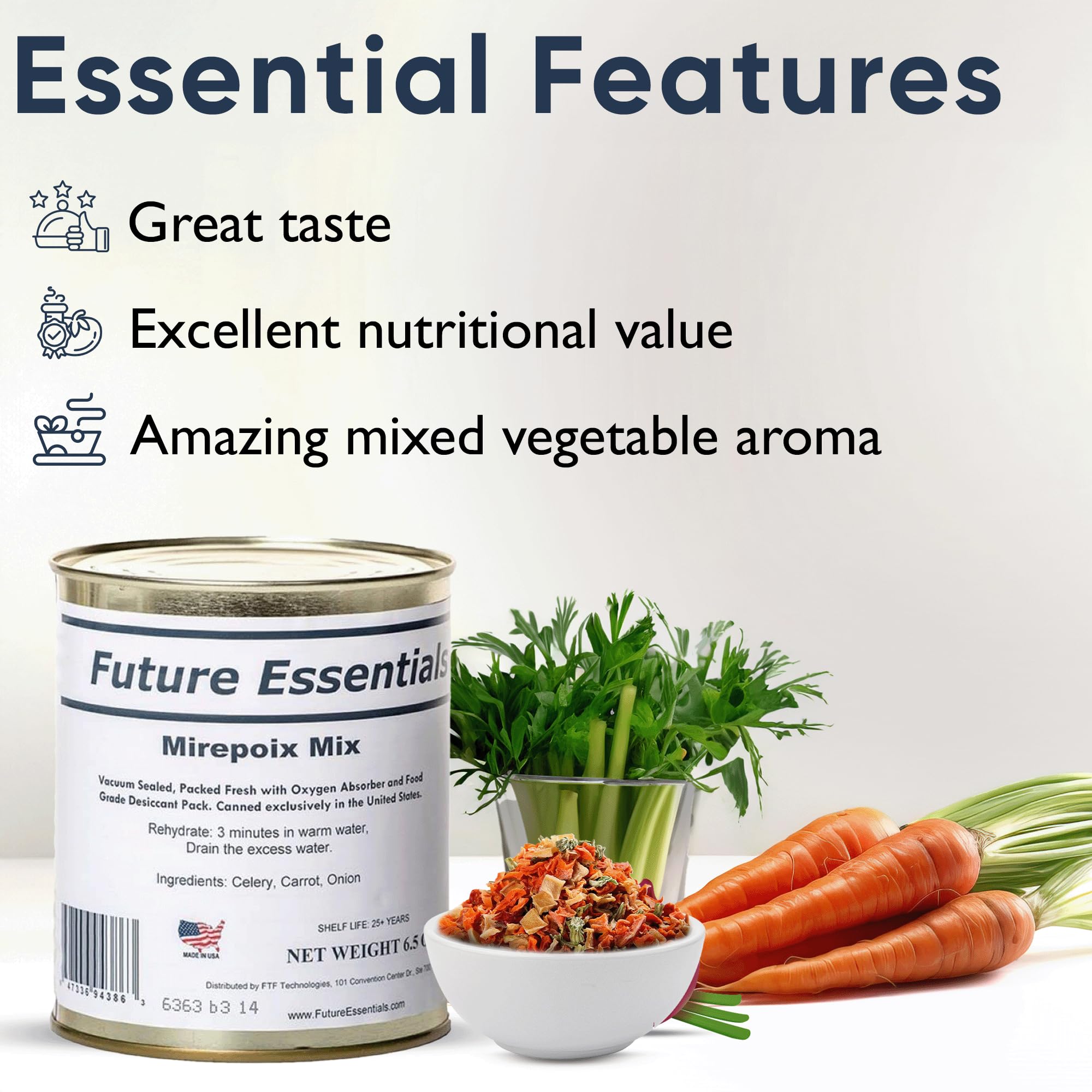 Future Essentials Dehydrated Mirepoix Mix - Carrots, Celery & Onions - 25 Year Shelf Life - Case of 12 (12 Pack) - Perfect for Emergency Food Storage, Camping & Long-Term Pantry Supplies