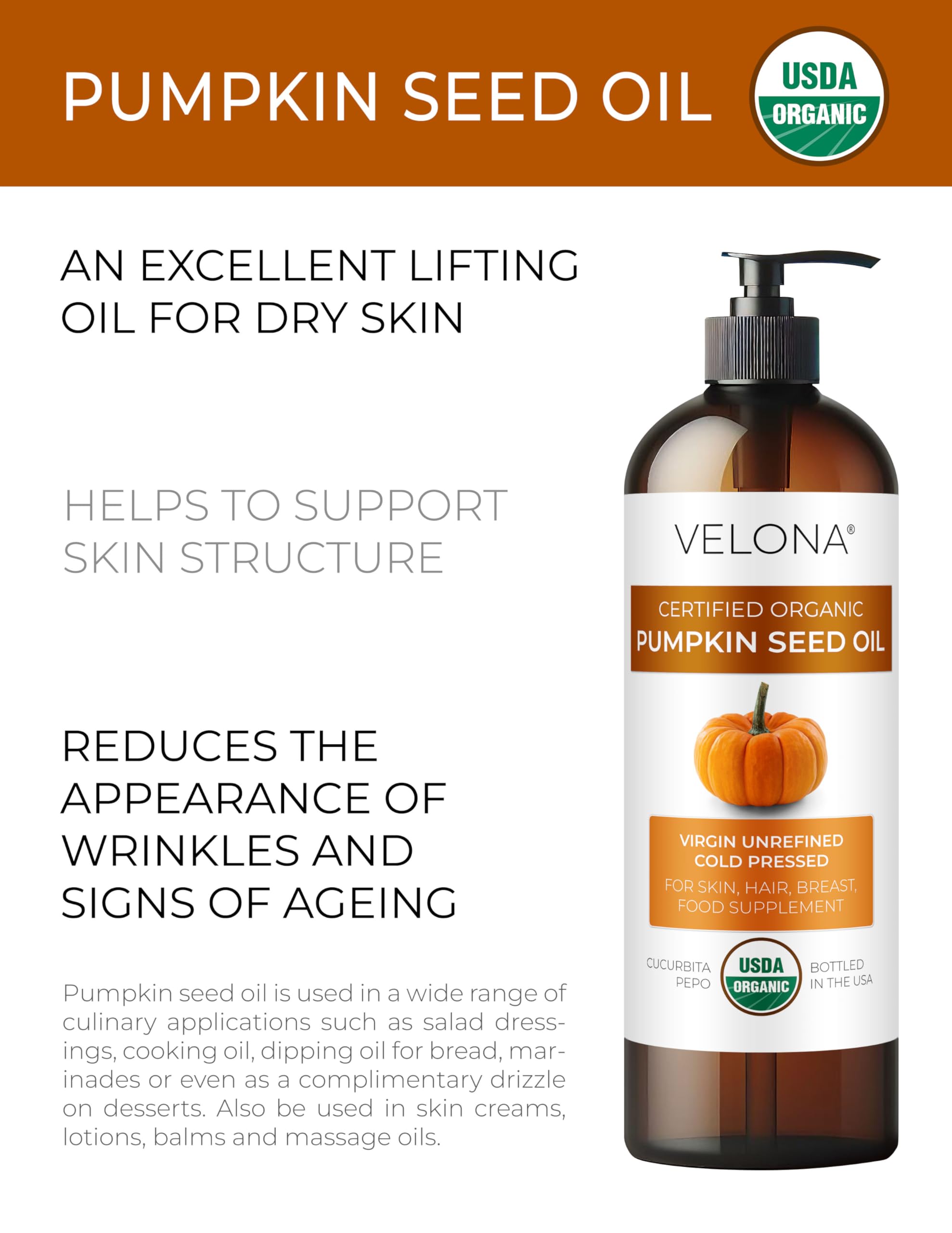 Organic Pumpkin Seed Oil 32 fl oz - USDA Certified, 100% Pure & Natural, Unrefined Cold Pressed Carrier Oil for Cooking, Hair Care, Skin & Face Moisturizer - Perfect for Salad Dressings, Massage & DIY Beauty Recipes