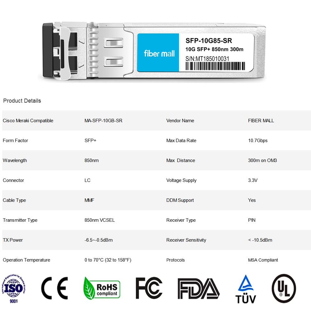 Cisco Meraki MA-SFP-10GB-SR 10G SFP+ SR Transceiver Module - 10GBASE-SR, 850nm, 300m MMF, DOM - Pack of 10 - Compatible with Switches & Routers for High-Speed Data Center & Enterprise Networking