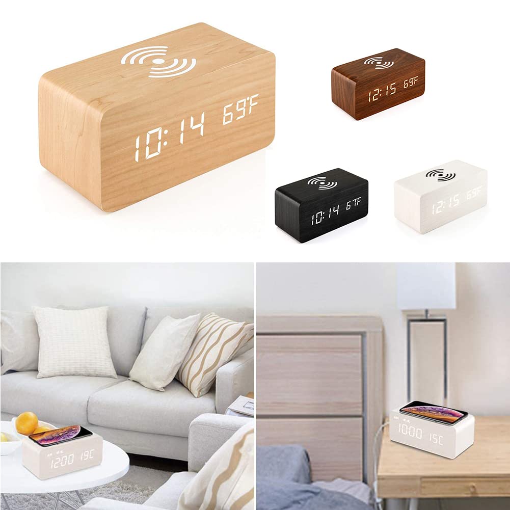 Wireless Charging Alarm Clock with Dimmable LED Display - USB Charger, Dual Alarm, Non-Ticking, Mains Powered - Perfect for Bedroom, Office, and Travel Use