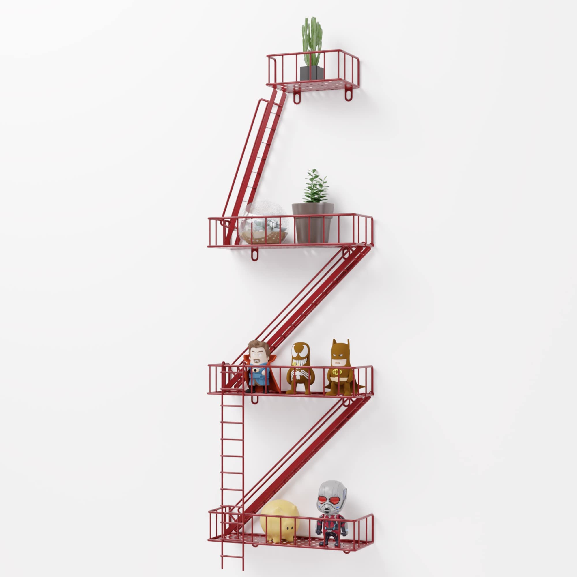 4 Tier Fire Escape Wall Shelf - Modern Urban Style Decorative & Planter Shelf | Easy to Install Rustic Metal Floating Shelves for Living Room, Bedroom, Kitchen | Perfect for Indoor Plants, Books & Home Decor