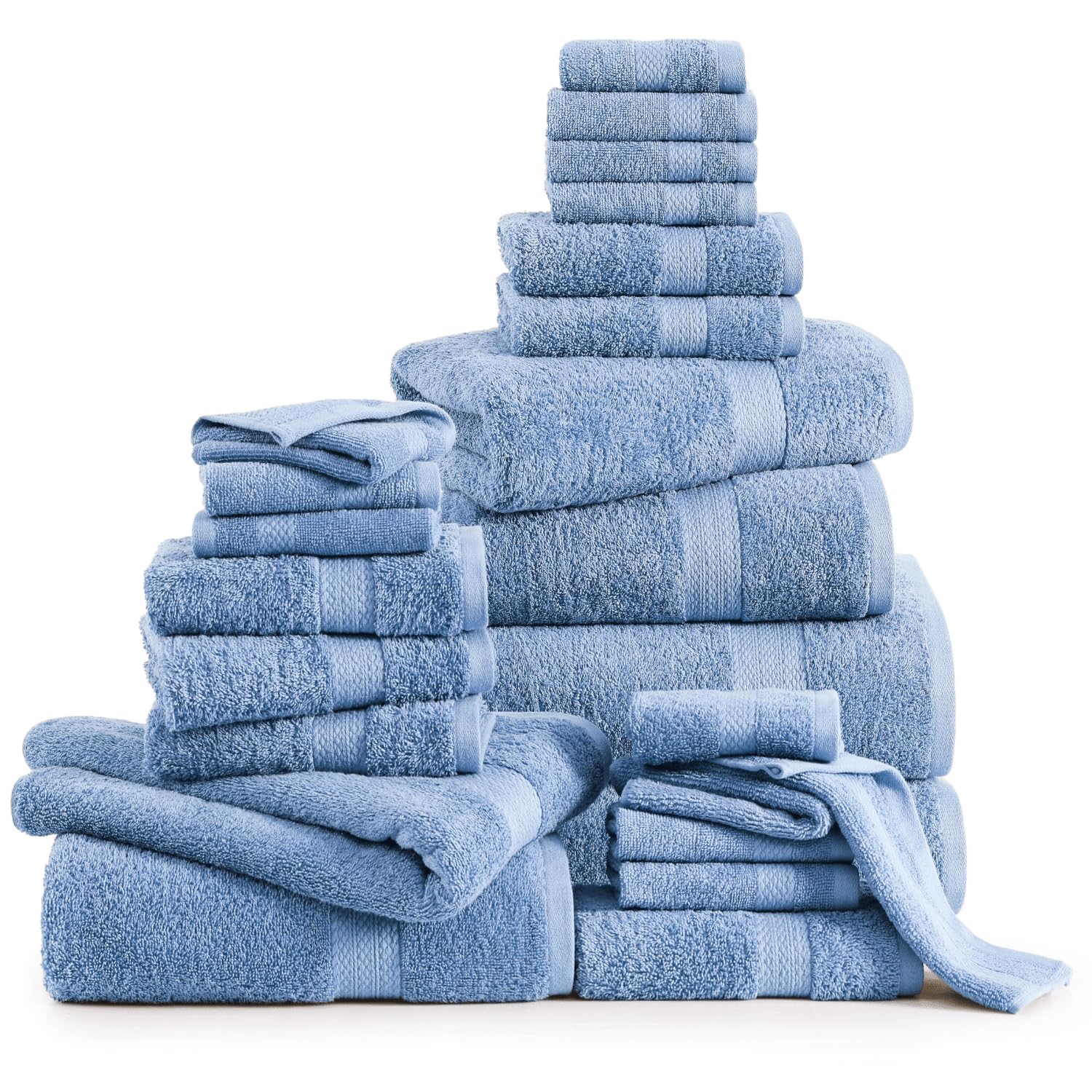 Premium 24-Piece Bath Towel Set by LANE LINEN - 100% Cotton Luxury Towels (2 Bath Sheets, 4 Bath Towels, 6 Hand Towels, 8 Washcloths, 4 Fingertip Towels) - Cerulean Blue - Perfect for Spa, Hotel, Guest Bathroom & Home Use