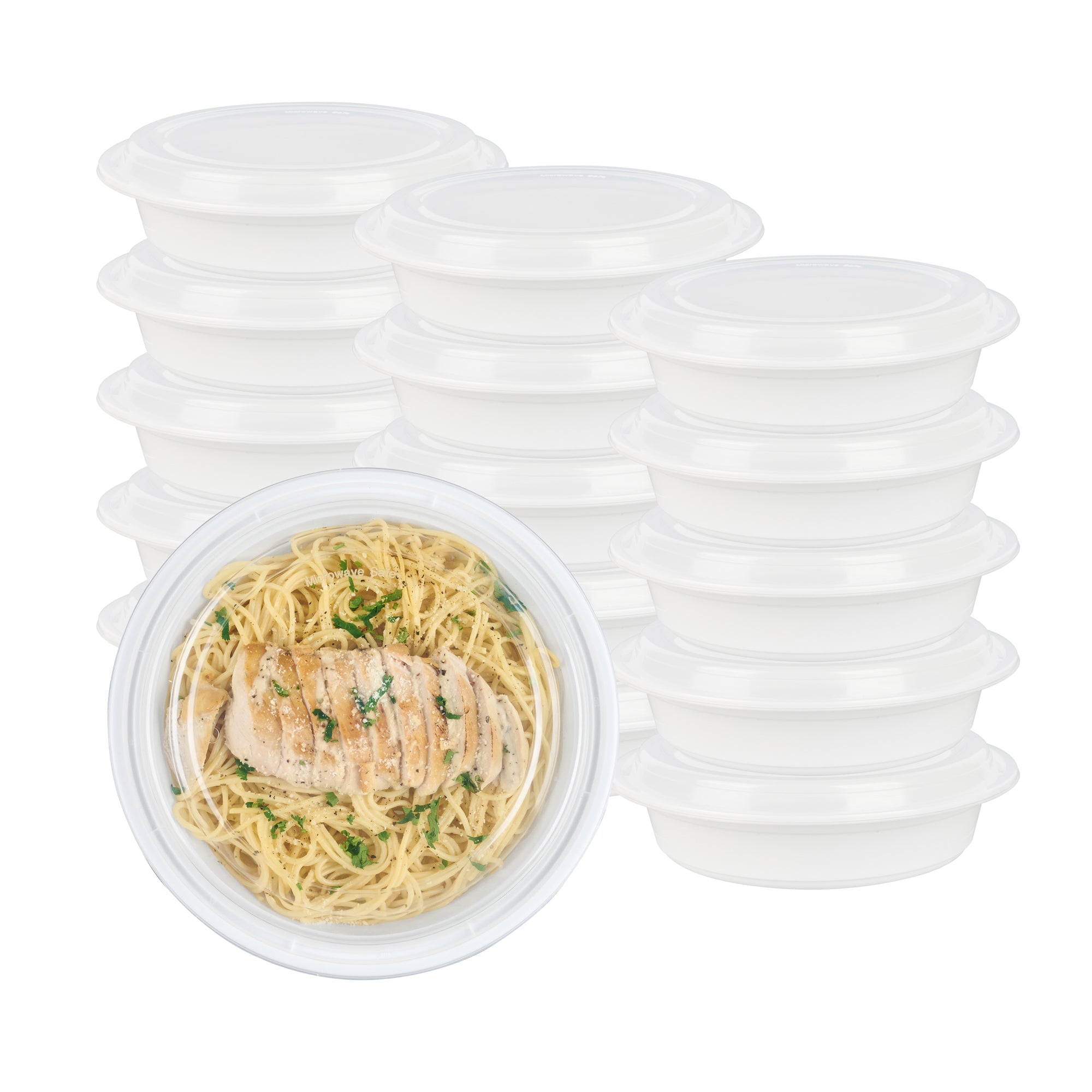 48 oz Round White Plastic Takeout Containers with Clear Lids - Microwave Safe, 9x9x1.75 Inches - 100 Pack Bulk Food Storage for Restaurants, Catering & Meal Prep