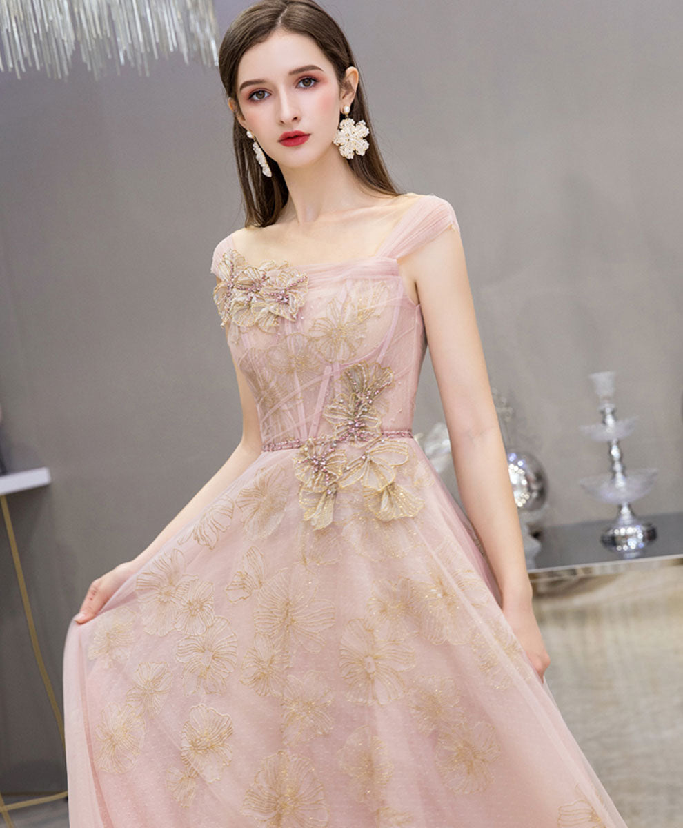 Elegant Pink Tulle Lace Long Prom Dress with Floral Appliques - Formal Evening Gown for Homecoming, Quinceañera & Special Occasions