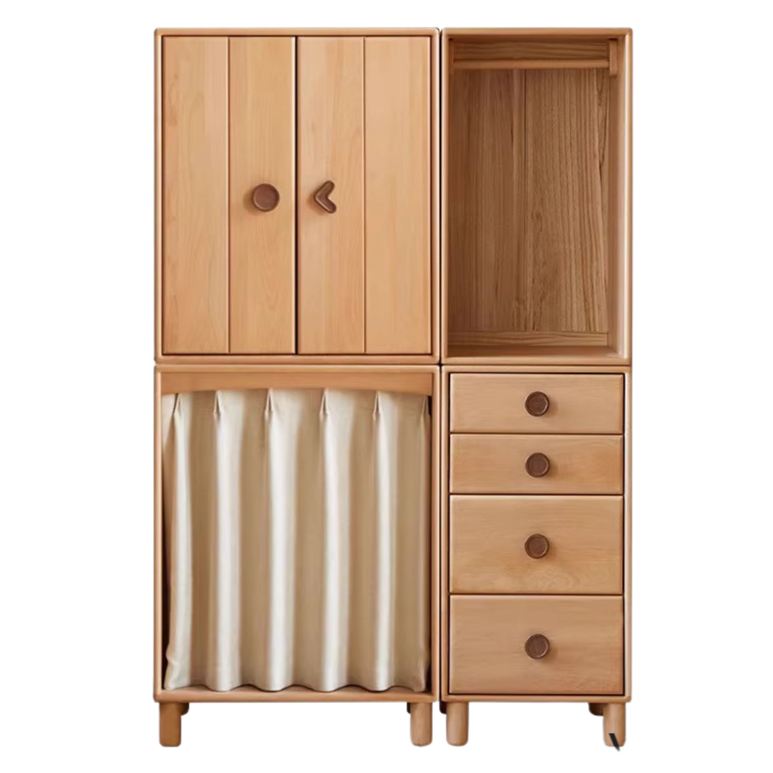 49.2x19.7x74 inch / 125x50x188 сm / Natural Wood Color / Beech Open door wardrobe + curtain wardrobe + open cabinet + bucket cabinet