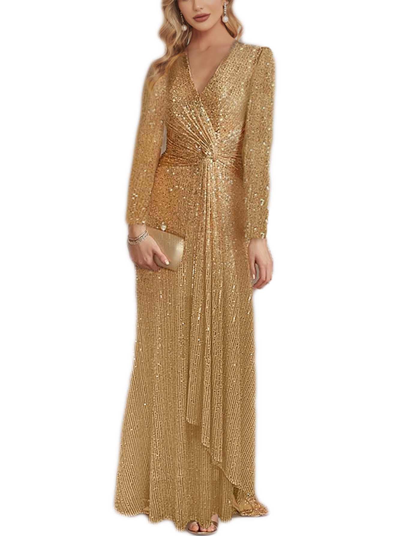 Meilun Women's Long Sleeve Sequin Formal Gown - Sparkly V-Neck Maxi Dress for Evening Parties, Prom, Weddings & Special Occasions