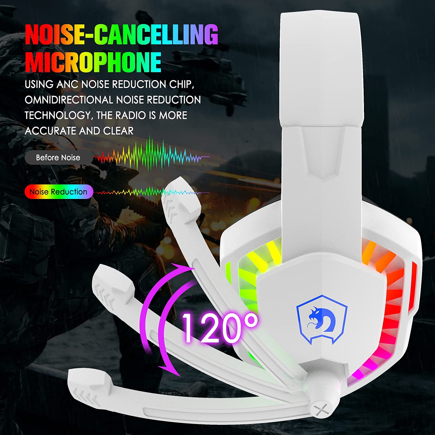 AJAZZ RGB Gaming Headset with Microphone - USB Wired PC Headphones for PS4, PS5, Laptop & Nintendo Switch - 3D Surround Sound, Noise Canceling Mic, Deep Bass & LED Backlight (White) - Perfect for Competitive Gaming & Online Streaming