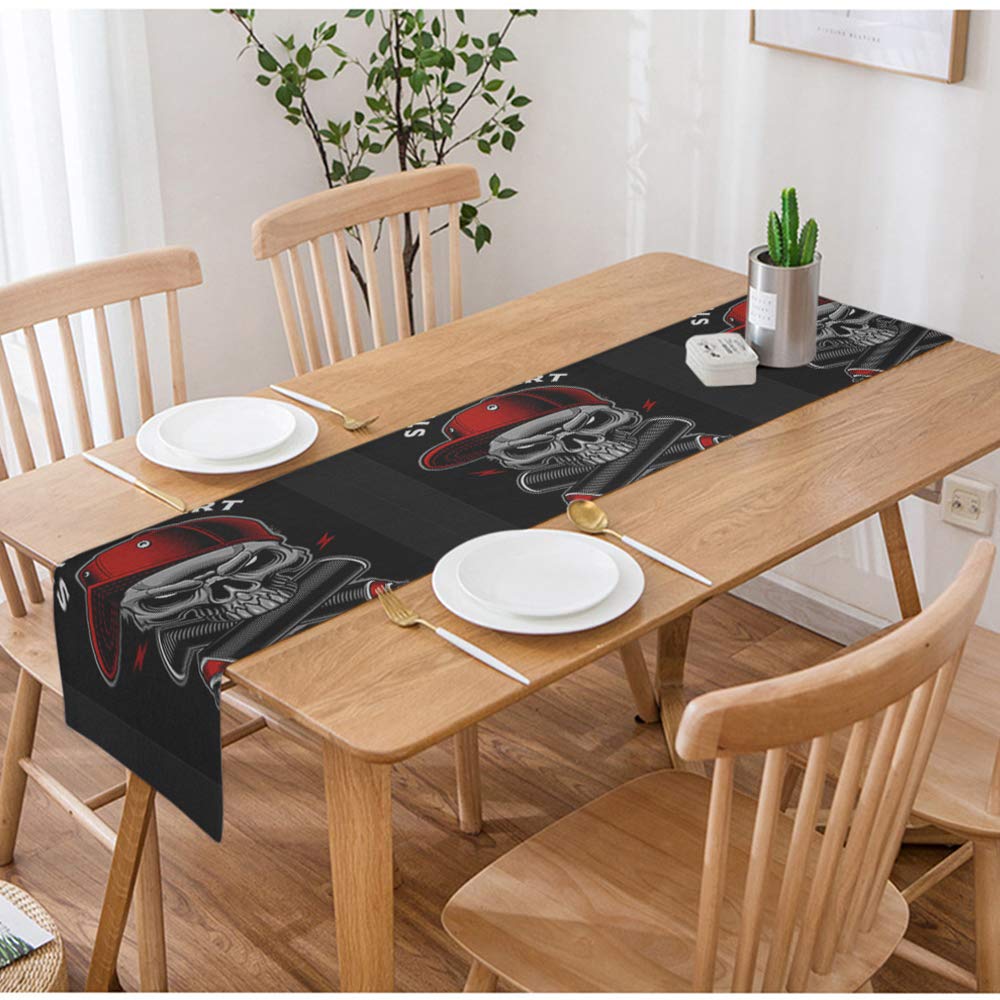 Swono Graffiti Table Runner - Black Cotton Linen Tablecloth with Skull & Spray Can Design, Non-Slip Kitchen Dining Decor (14x72 Inches) for Coffee Tables, Tea Parties & Dinner Settings