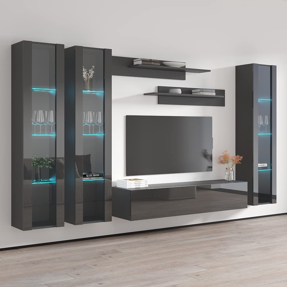 Modern Wall-Mounted TV Stand with Storage Shelves & LED Lights - Fly C 30 Entertainment Center Console for Bedroom & Living Room - Space-Saving Gray TV Cabinet for Flat Screens up to 30